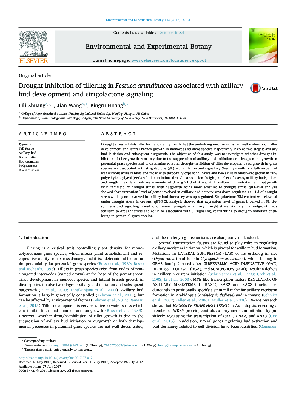 Original articleDrought inhibition of tillering in Festuca arundinacea associated with axillary bud development and strigolactone signaling