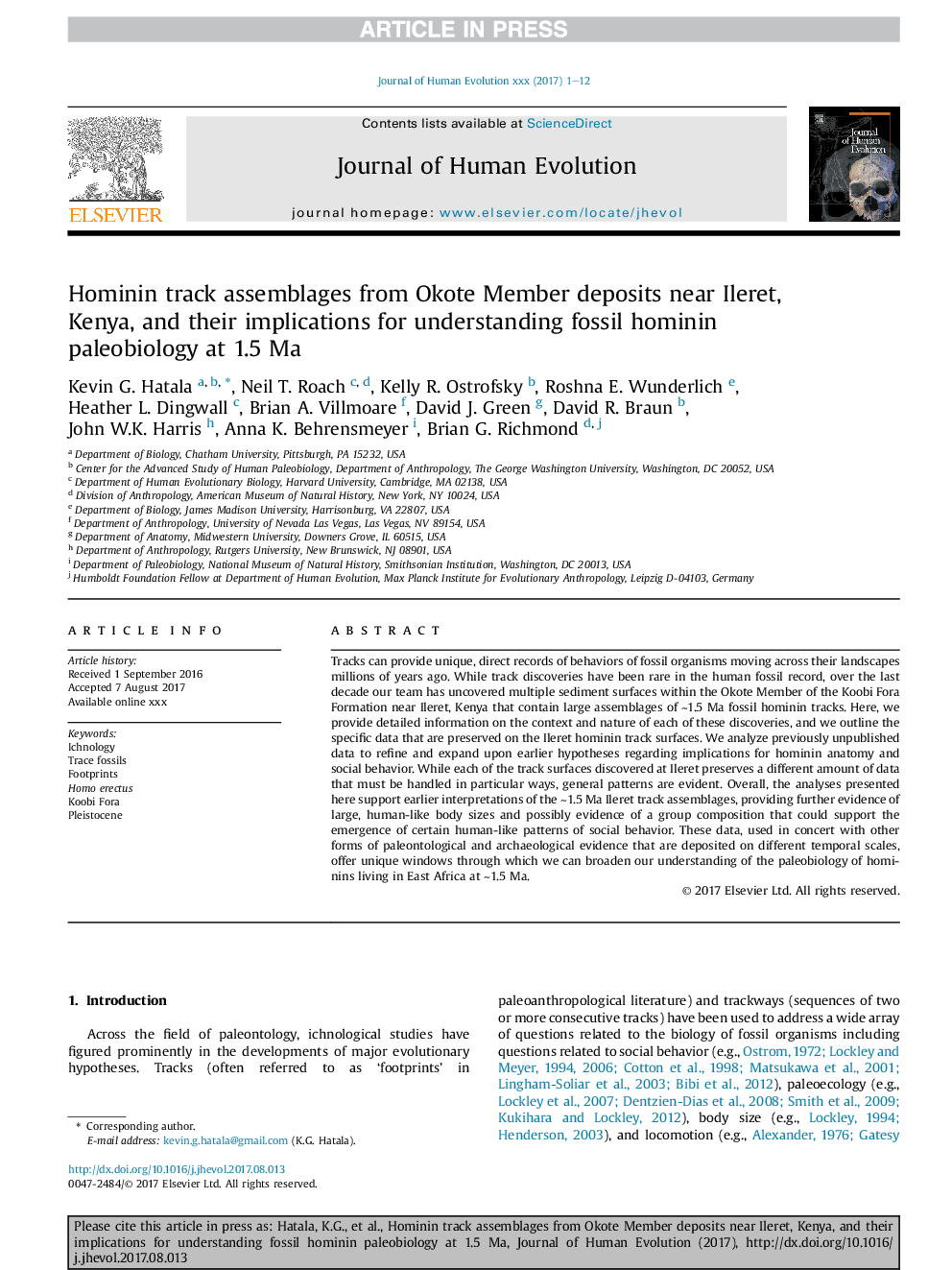 Hominin track assemblages from Okote Member deposits near Ileret, Kenya, and their implications for understanding fossil hominin paleobiology at 1.5Â Ma