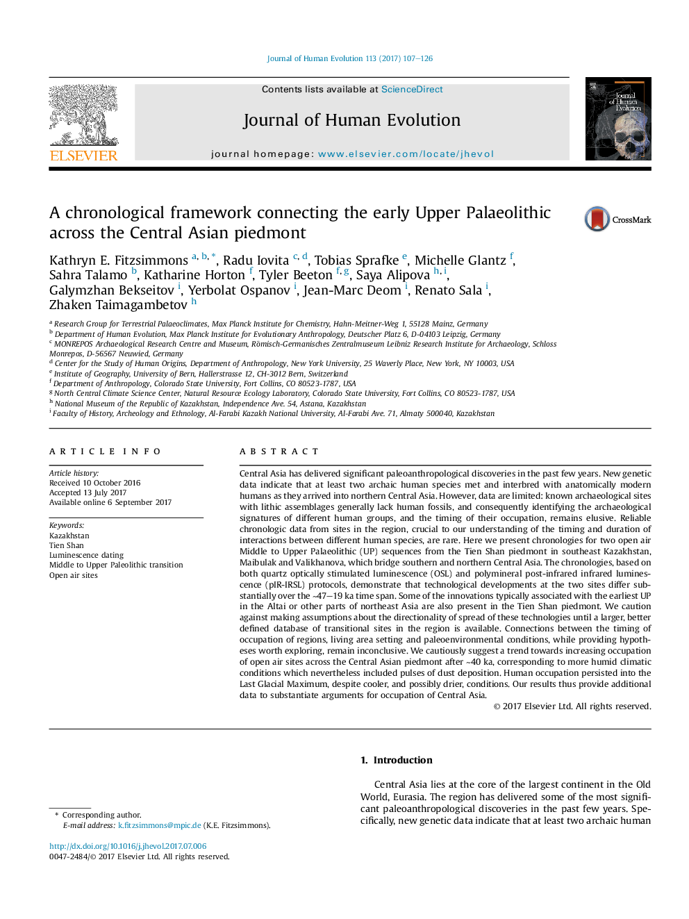 A chronological framework connecting the early Upper Palaeolithic across the Central Asian piedmont