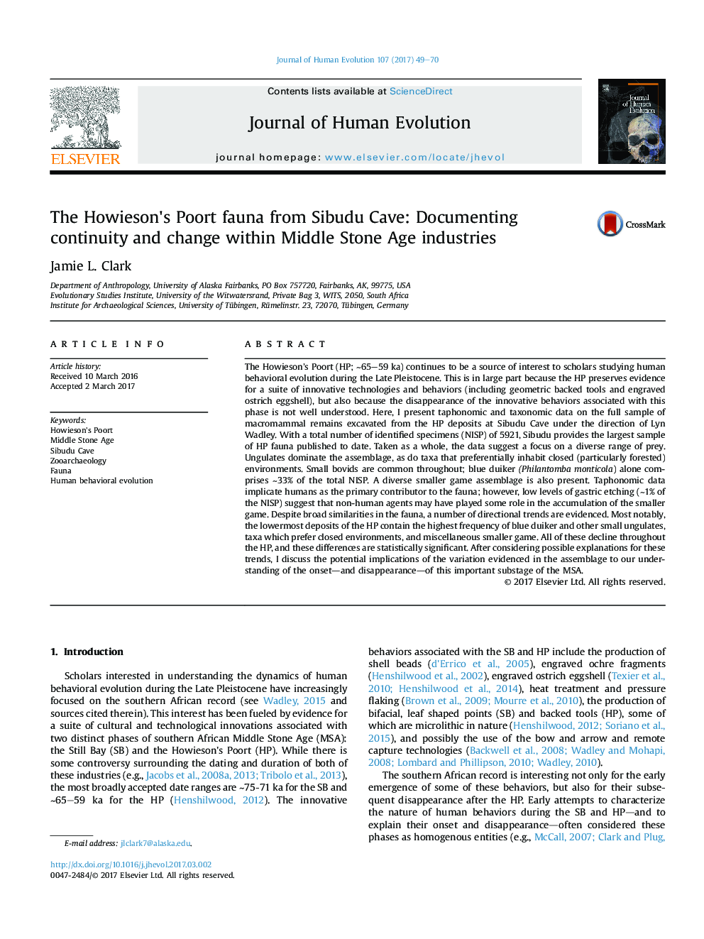 The Howieson's Poort fauna from Sibudu Cave: Documenting continuity and change within Middle Stone Age industries