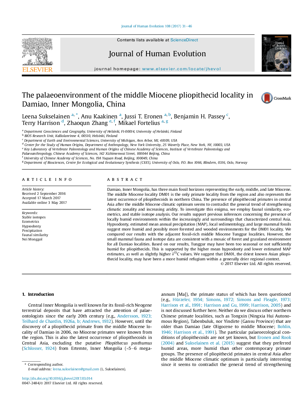 The palaeoenvironment of the middle Miocene pliopithecid locality in Damiao, Inner Mongolia, China