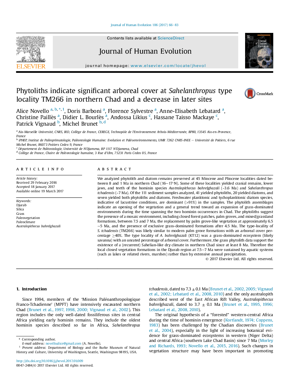 Phytoliths indicate significant arboreal cover at Sahelanthropus type locality TM266 in northern Chad and a decrease in later sites