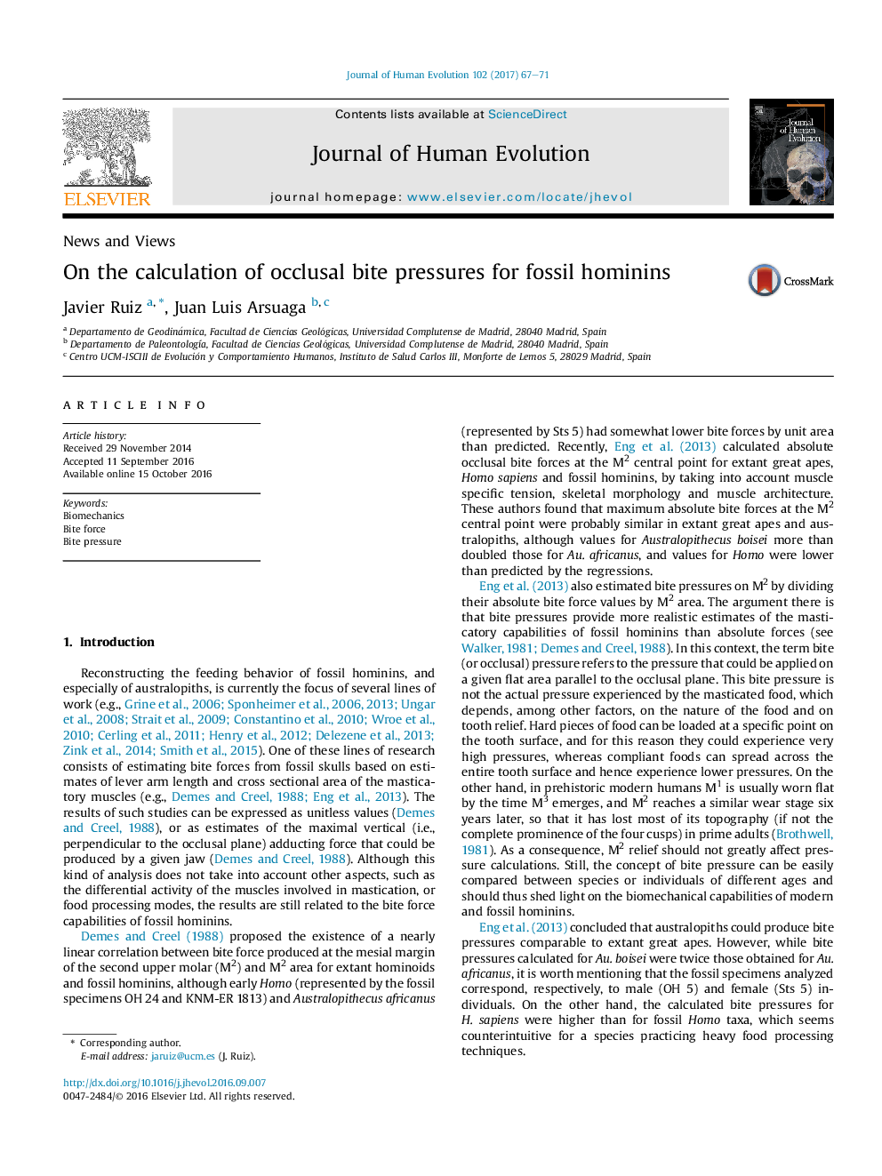 On the calculation of occlusal bite pressures for fossil hominins