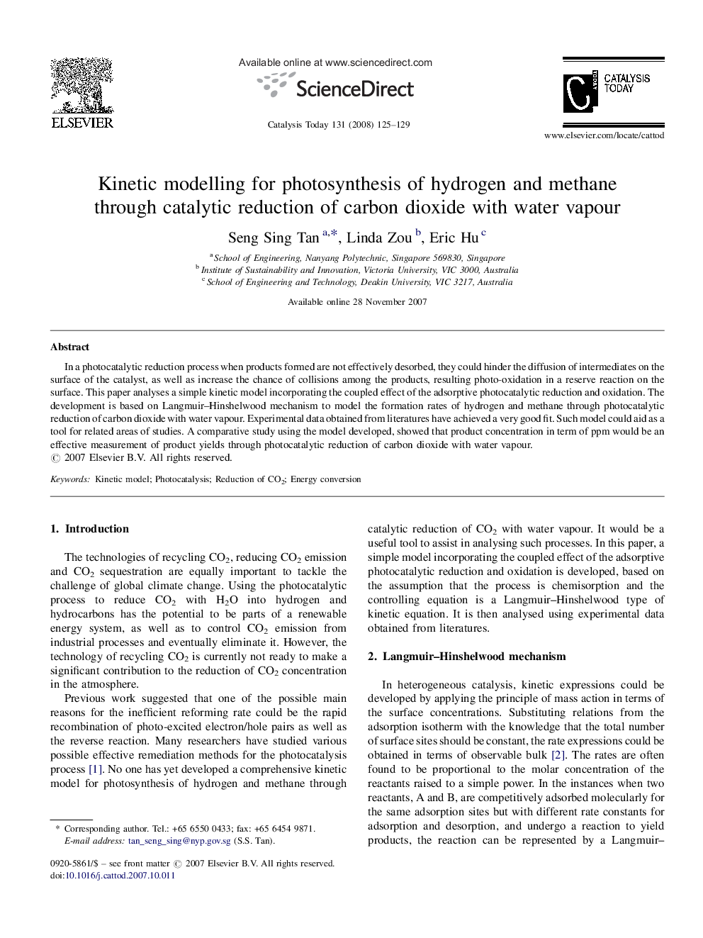 Kinetic modelling for photosynthesis of hydrogen and methane through catalytic reduction of carbon dioxide with water vapour