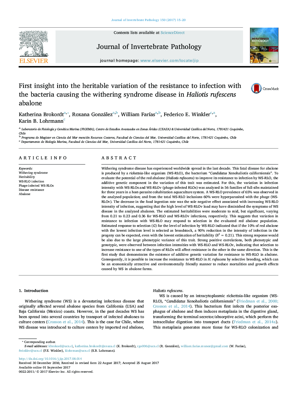 First insight into the heritable variation of the resistance to infection with the bacteria causing the withering syndrome disease in Haliotis rufescens abalone