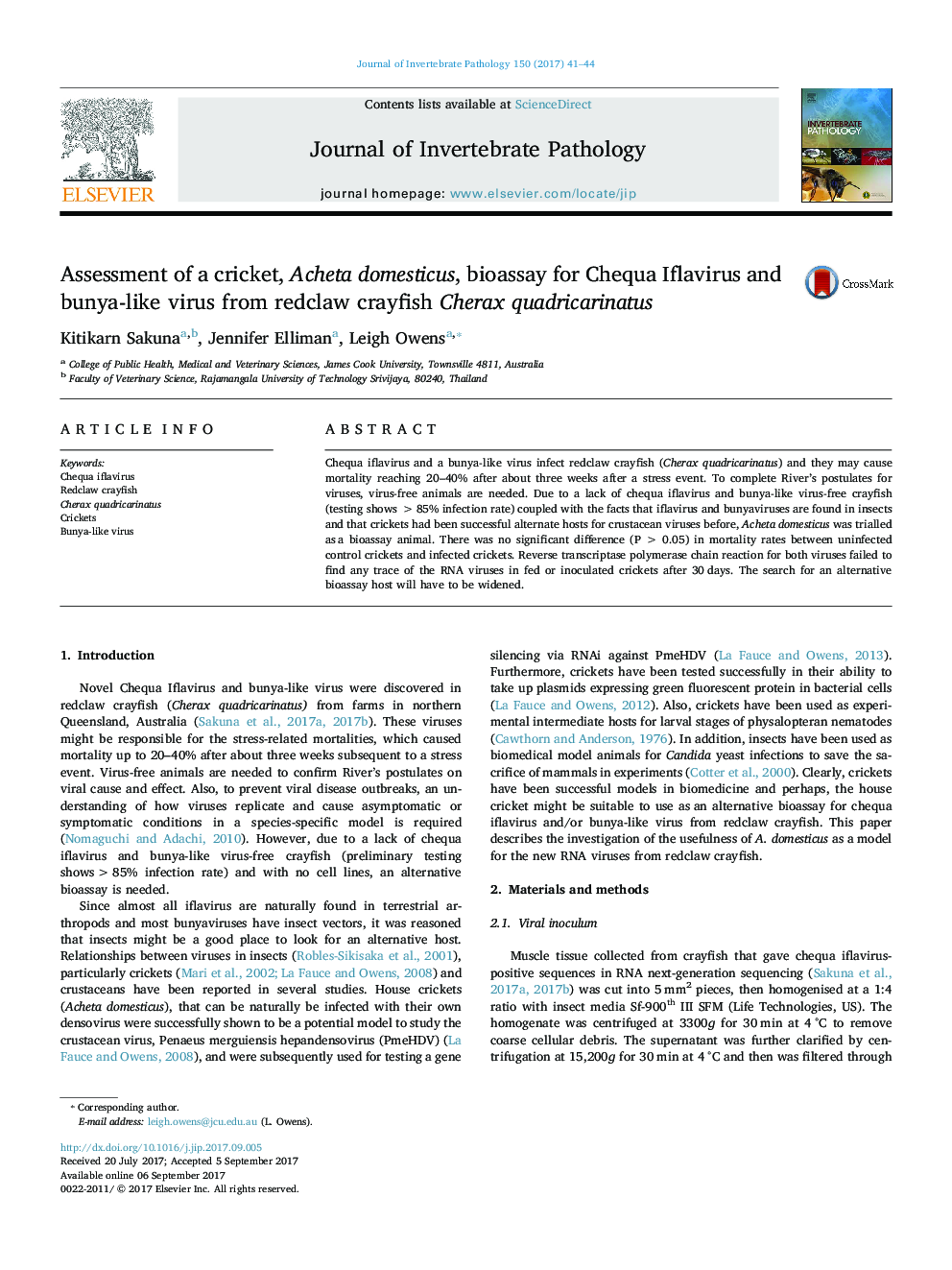 Assessment of a cricket, Acheta domesticus, bioassay for Chequa Iflavirus and bunya-like virus from redclaw crayfish Cherax quadricarinatus