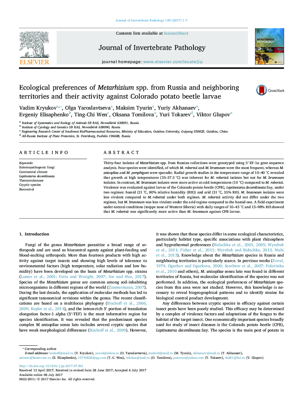 Ecological preferences of Metarhizium spp. from Russia and neighboring territories and their activity against Colorado potato beetle larvae