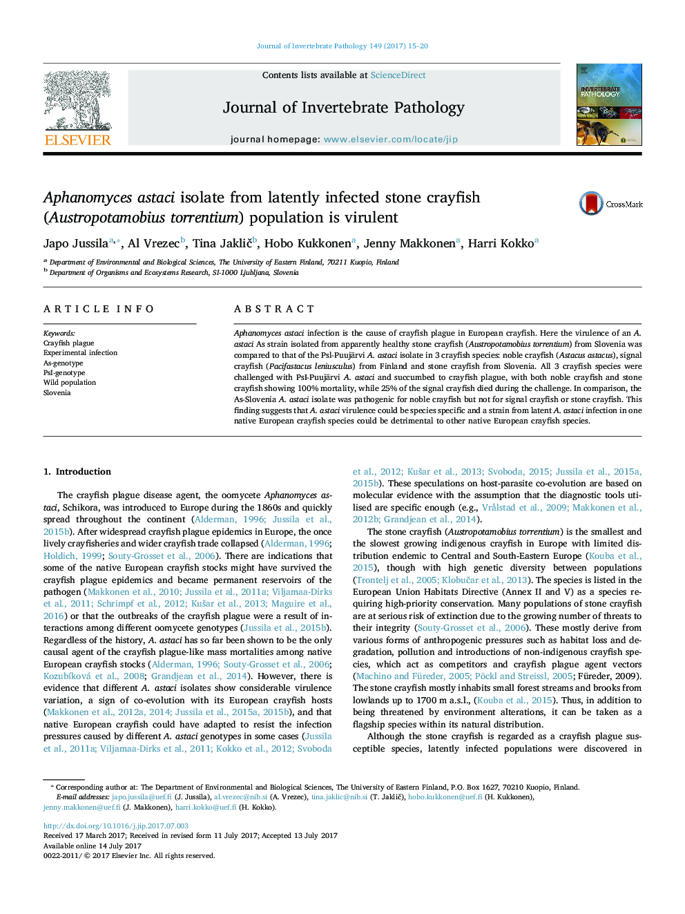 Aphanomyces astaci isolate from latently infected stone crayfish (Austropotamobius torrentium) population is virulent