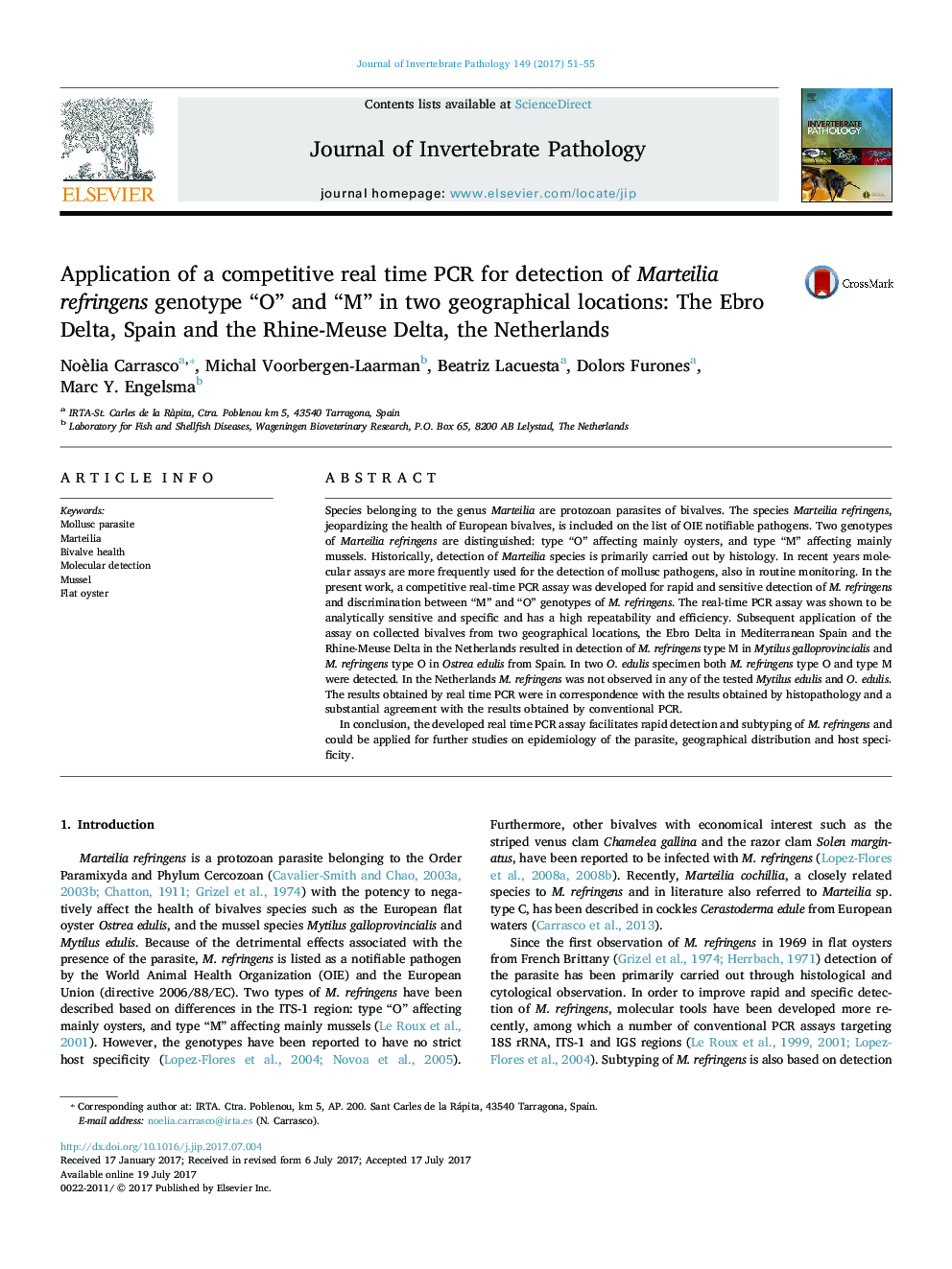 Application of a competitive real time PCR for detection of Marteilia refringens genotype “O” and “M” in two geographical locations: The Ebro Delta, Spain and the Rhine-Meuse Delta, the Netherlands