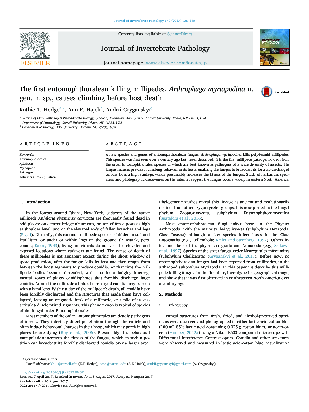 The first entomophthoralean killing millipedes, Arthrophaga myriapodina n. gen. n. sp., causes climbing before host death