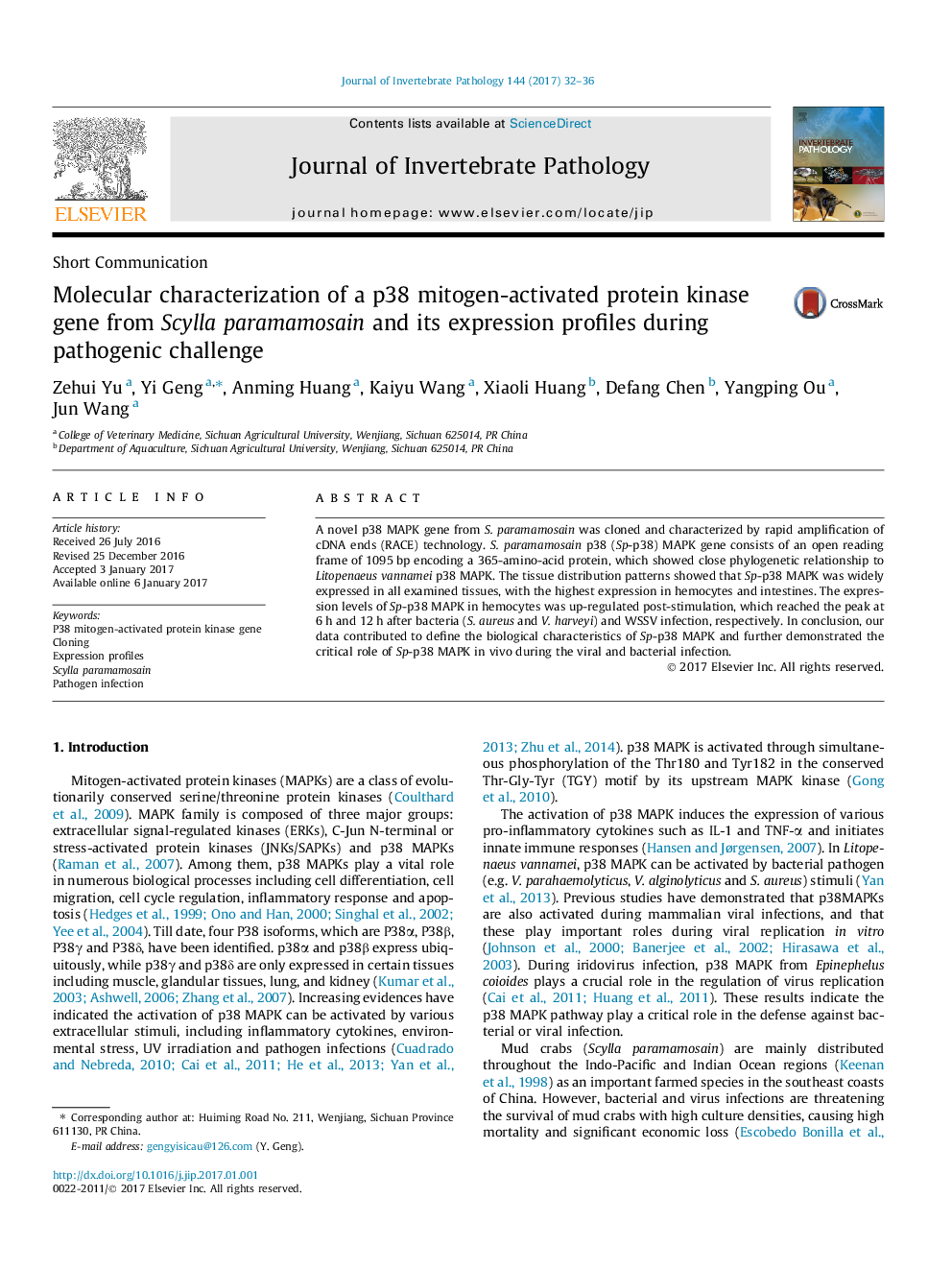 Short CommunicationMolecular characterization of a p38 mitogen-activated protein kinase gene from Scylla paramamosain and its expression profiles during pathogenic challenge