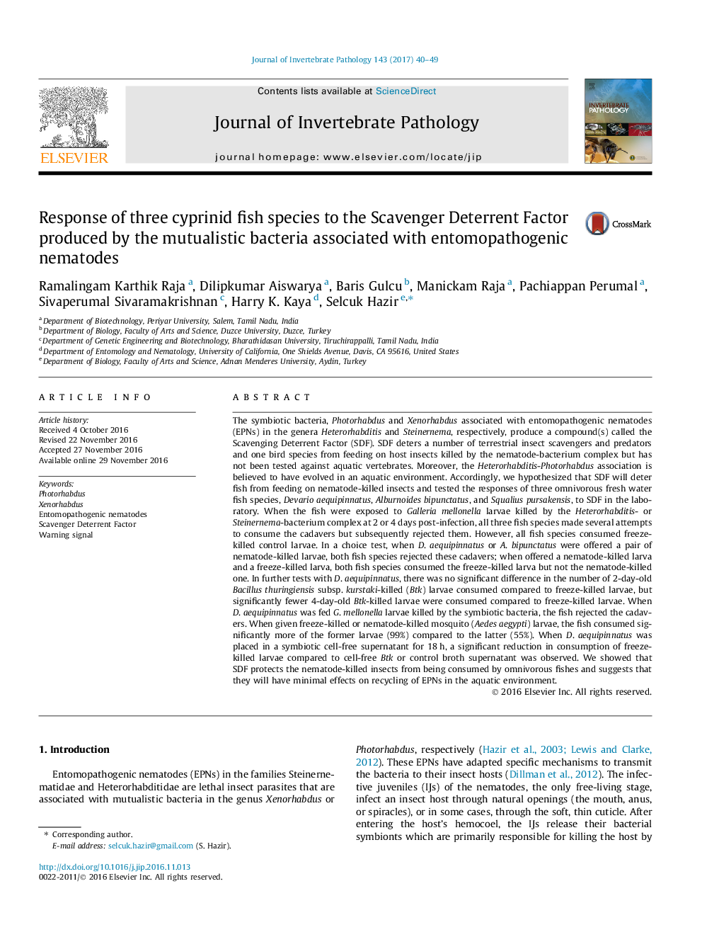 Response of three cyprinid fish species to the Scavenger Deterrent Factor produced by the mutualistic bacteria associated with entomopathogenic nematodes