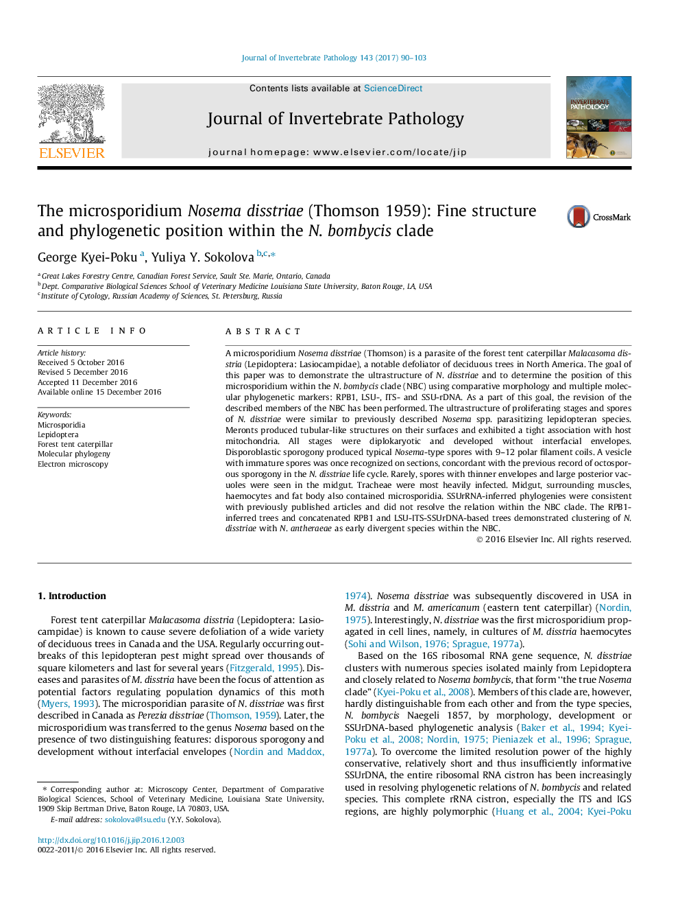 The microsporidium Nosema disstriae (Thomson 1959): Fine structure and phylogenetic position within the N. bombycis clade