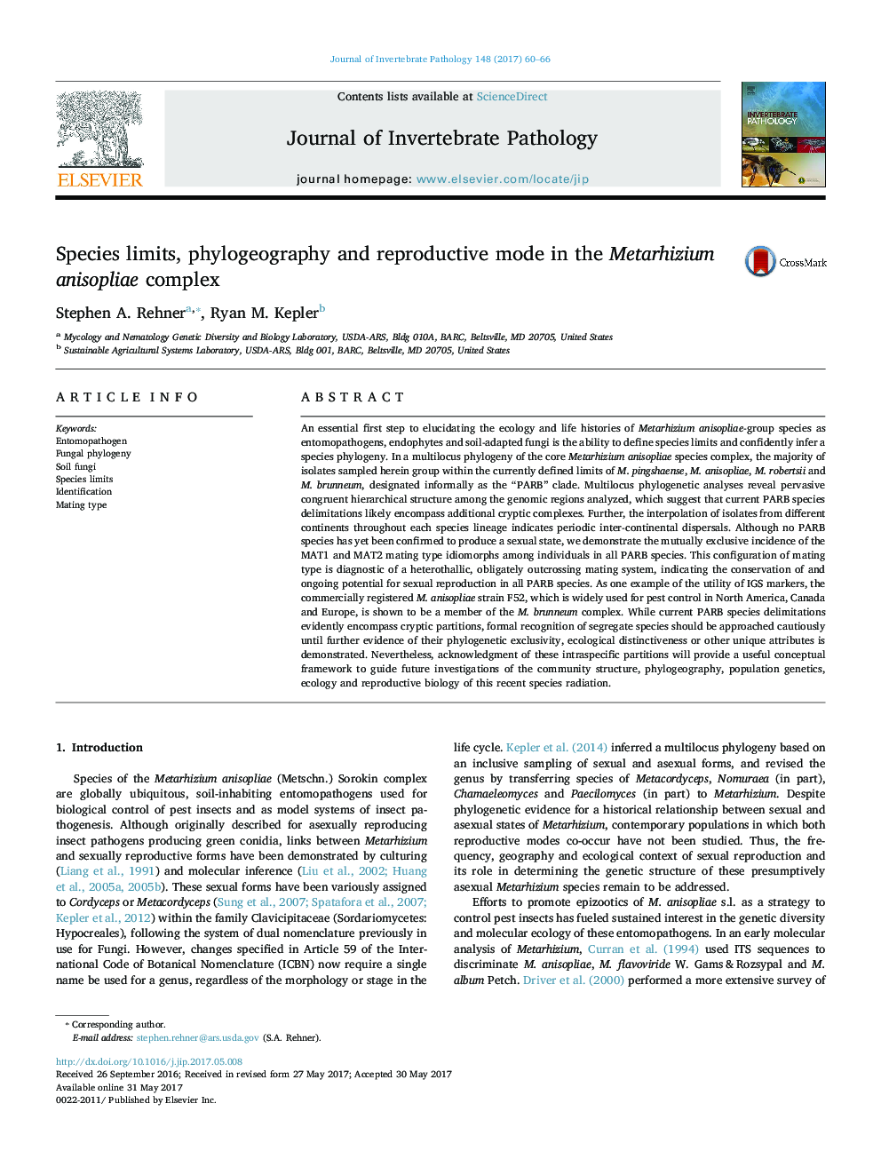 Species limits, phylogeography and reproductive mode in the Metarhizium anisopliae complex