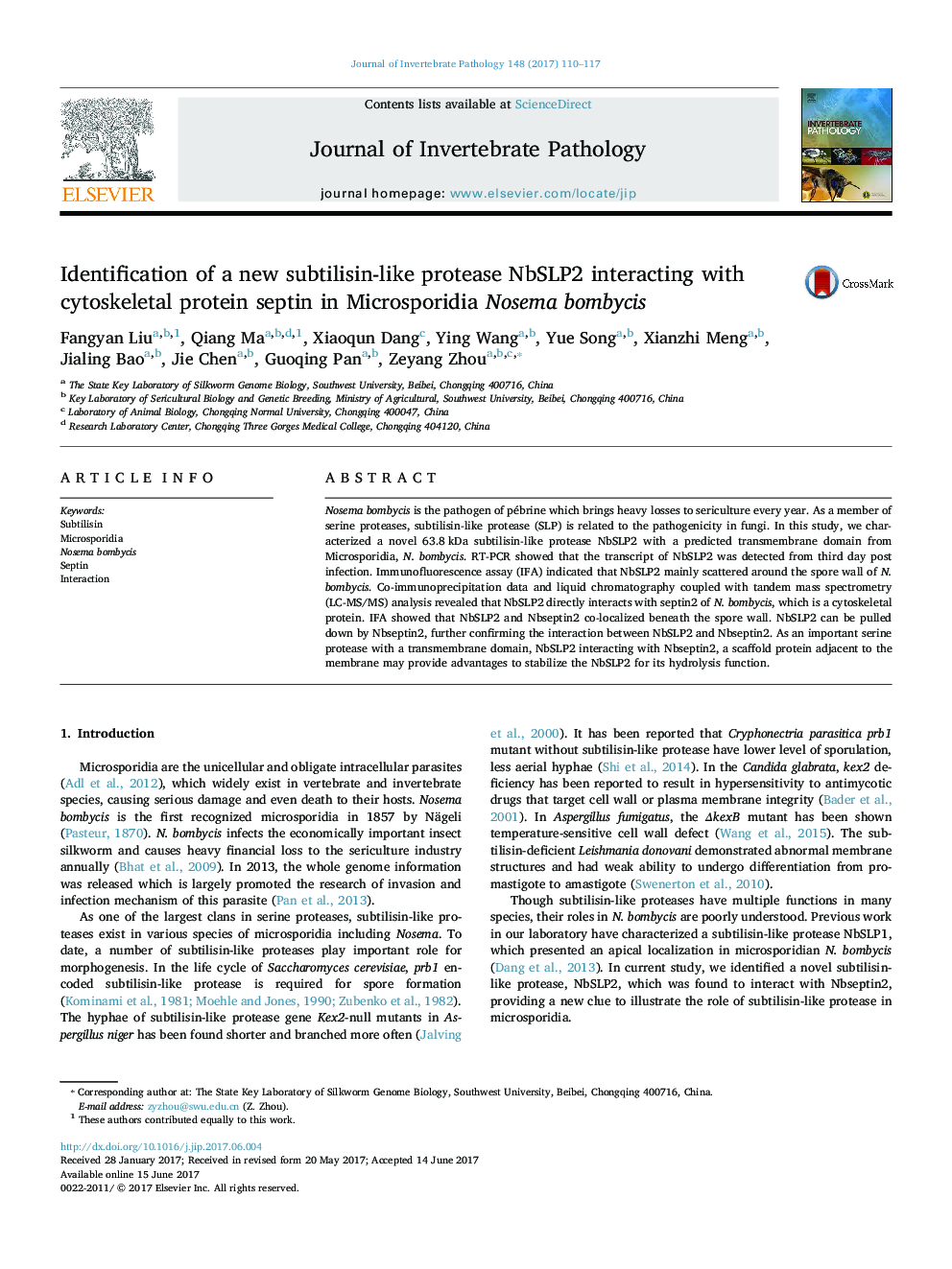 Identification of a new subtilisin-like protease NbSLP2 interacting with cytoskeletal protein septin in Microsporidia Nosema bombycis