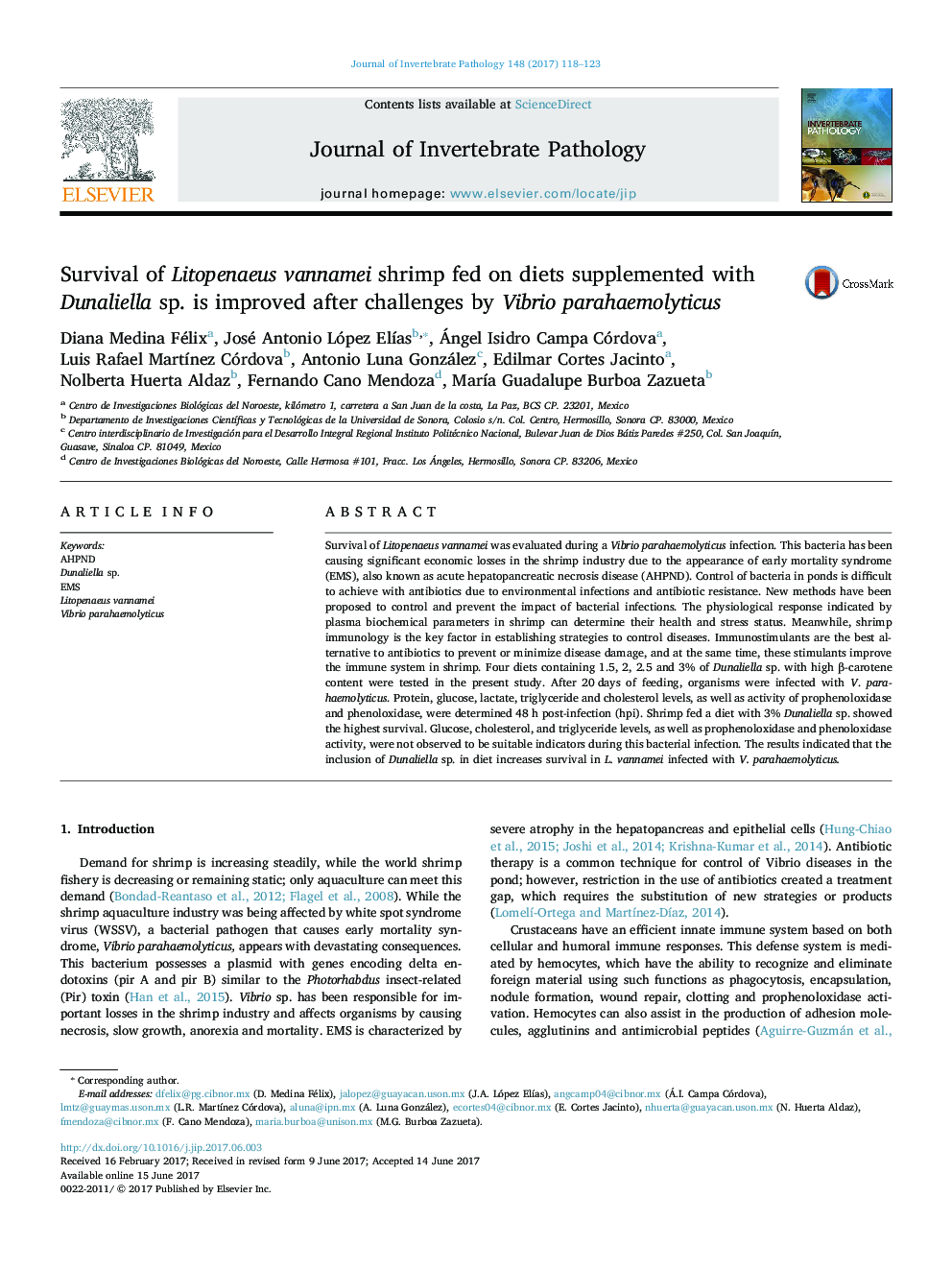 Survival of Litopenaeus vannamei shrimp fed on diets supplemented with Dunaliella sp. is improved after challenges by Vibrio parahaemolyticus