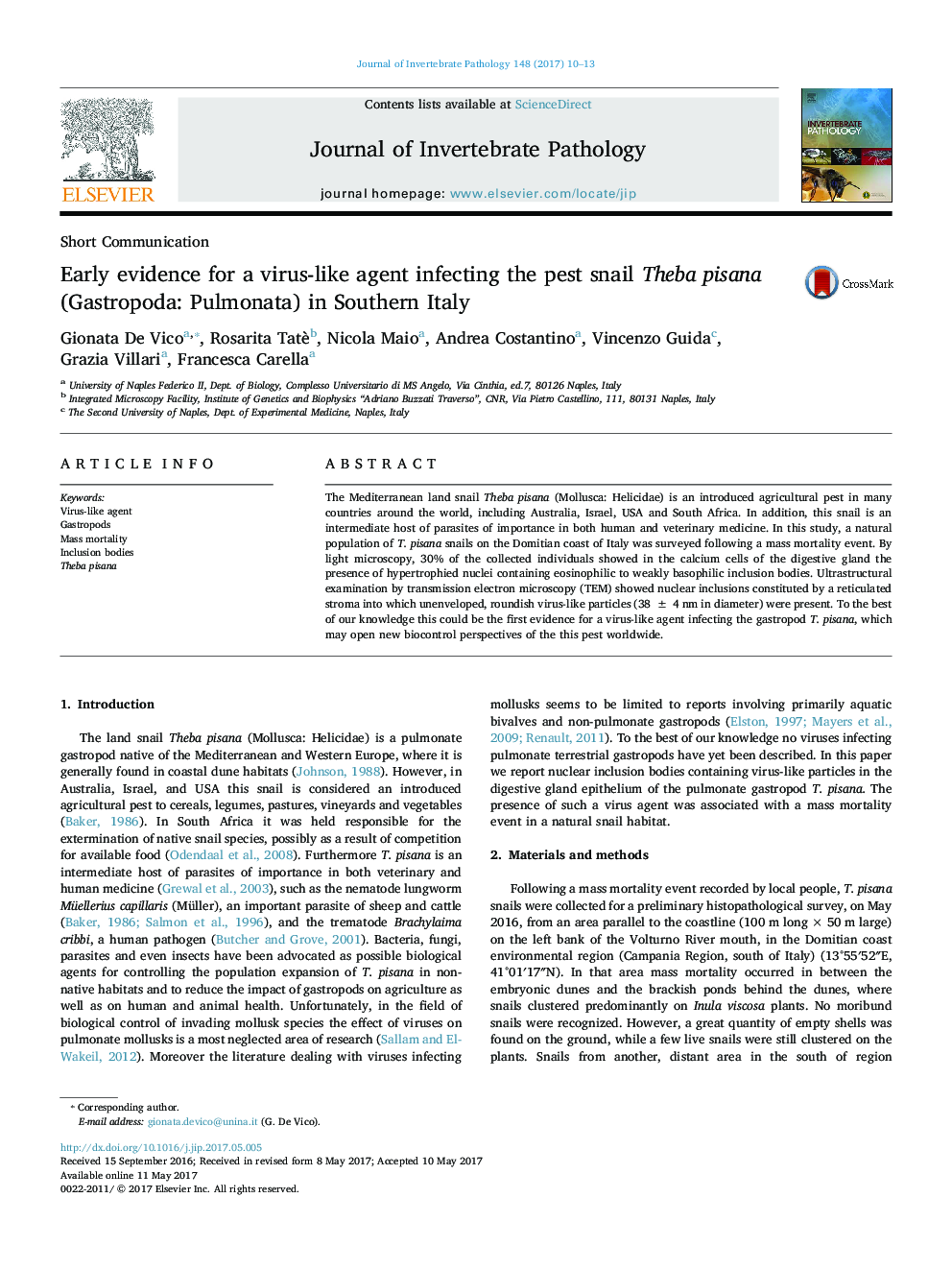 Short CommunicationEarly evidence for a virus-like agent infecting the pest snail Theba pisana (Gastropoda: Pulmonata) in Southern Italy