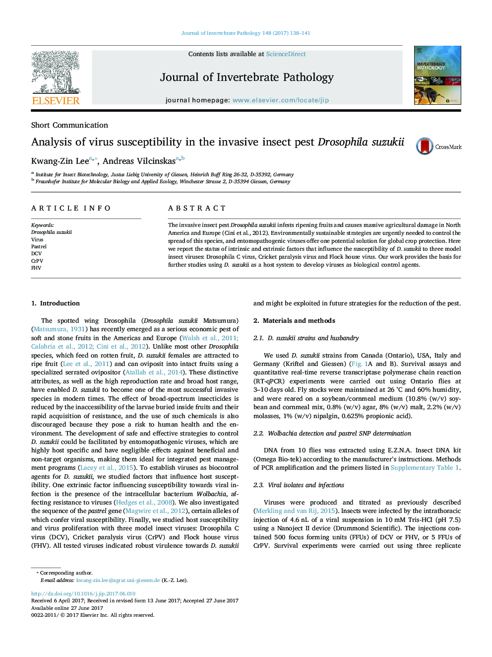Short CommunicationAnalysis of virus susceptibility in the invasive insect pest Drosophila suzukii