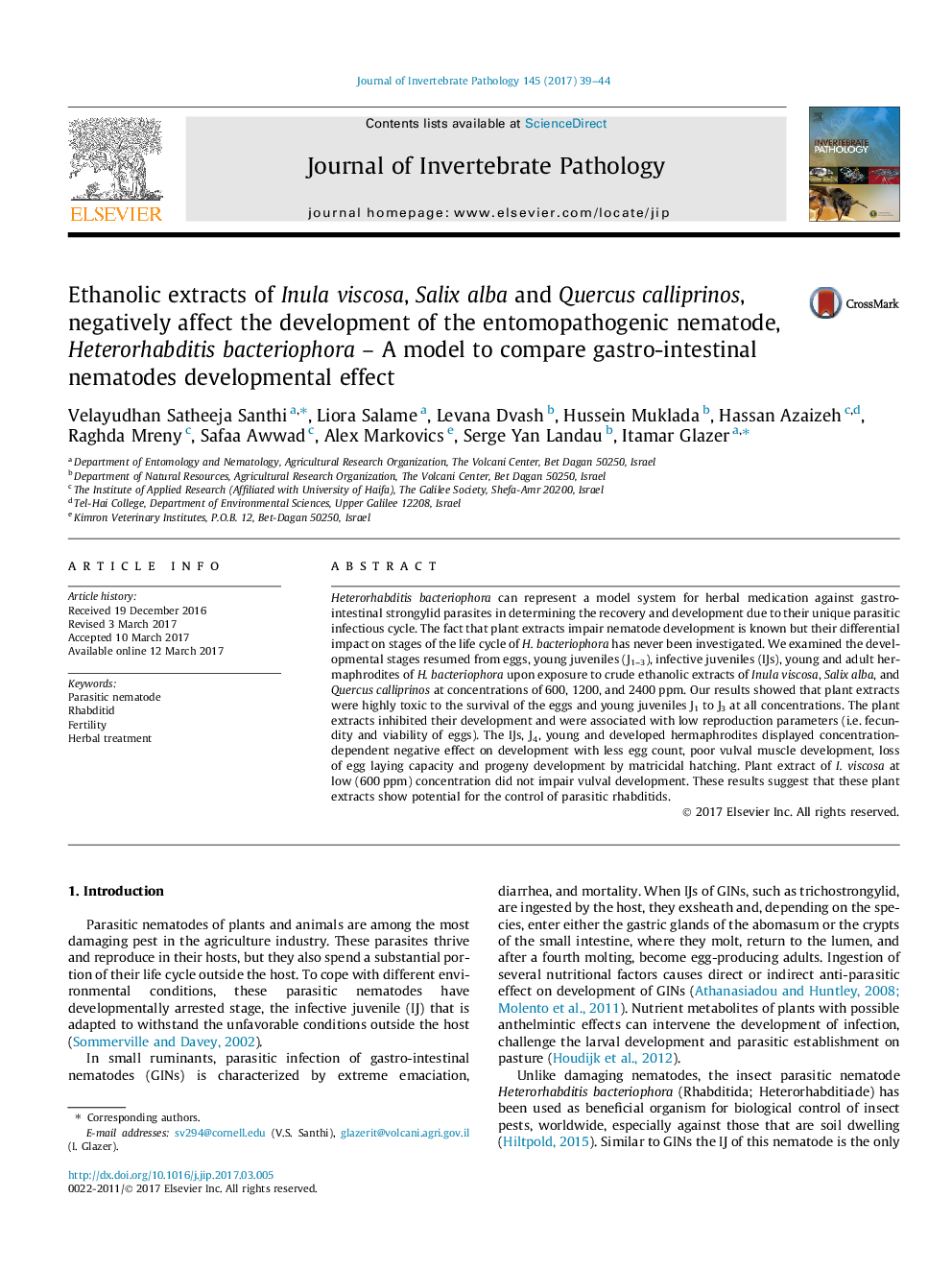 Ethanolic extracts of Inula viscosa, Salix alba and Quercus calliprinos, negatively affect the development of the entomopathogenic nematode, Heterorhabditis bacteriophora - A model to compare gastro-intestinal nematodes developmental effect