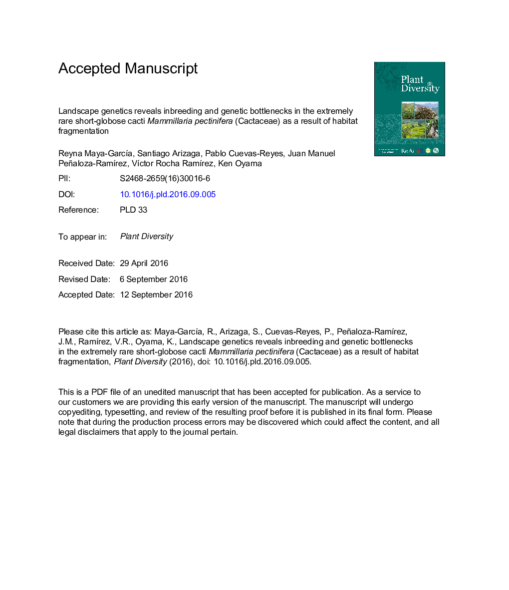 Landscape genetics reveals inbreeding and genetic bottlenecks in the extremely rare short-globose cacti Mammillaria pectinifera (Cactaceae) as a result of habitat fragmentation