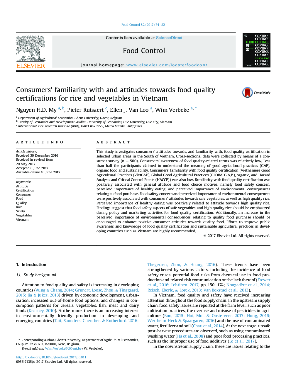 Consumers' familiarity with and attitudes towards food quality certifications for rice and vegetables in Vietnam