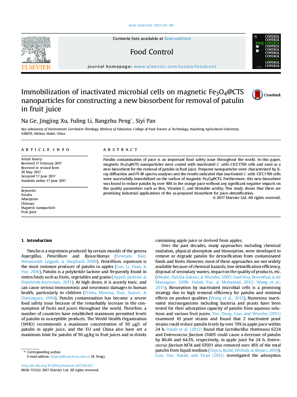 Immobilization of inactivated microbial cells on magnetic Fe3O4@CTS nanoparticles for constructing a new biosorbent for removal of patulin in fruit juice