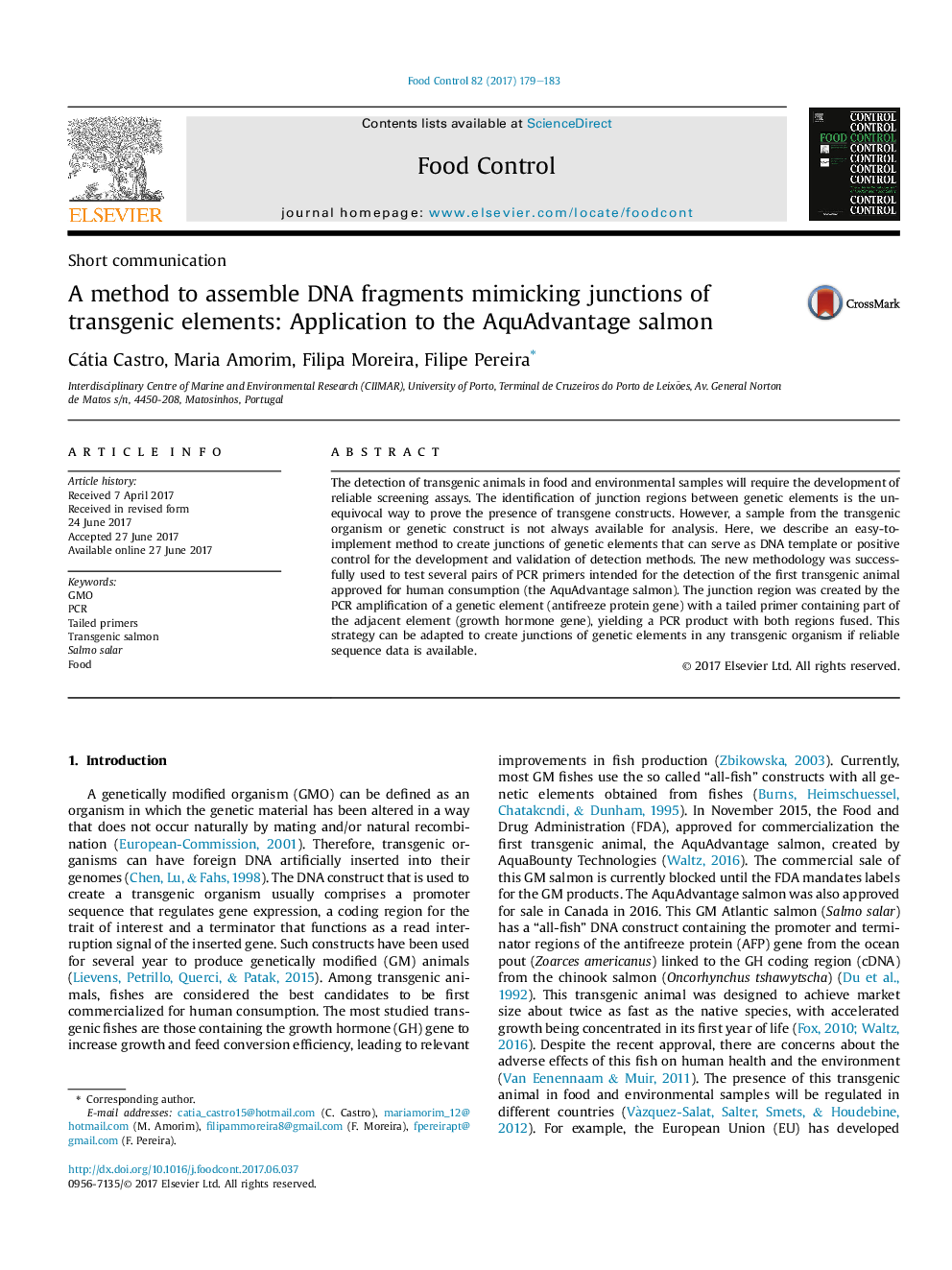 Short communicationA method to assemble DNA fragments mimicking junctions of transgenic elements: Application to the AquAdvantage salmon