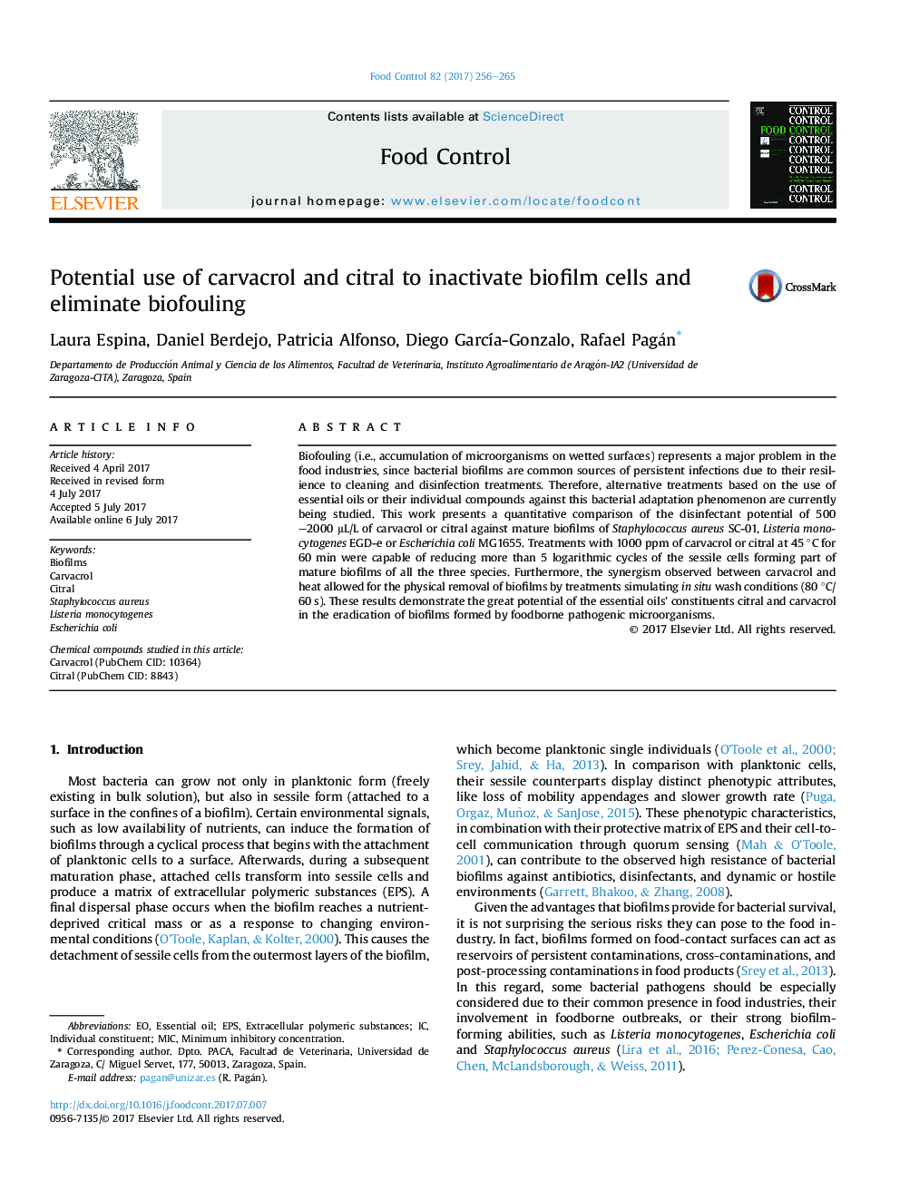 Potential use of carvacrol and citral to inactivate biofilm cells and eliminate biofouling