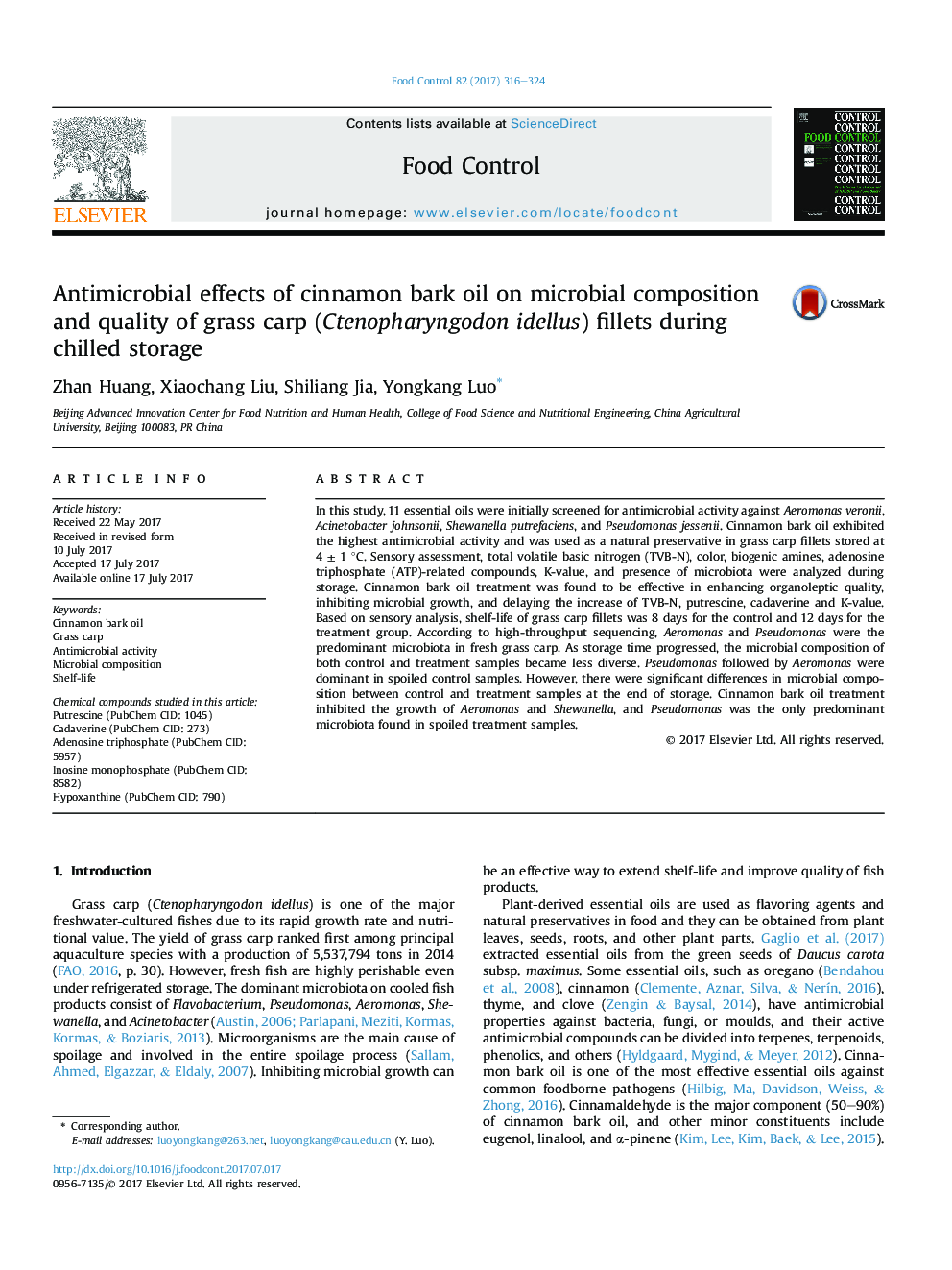 Antimicrobial effects of cinnamon bark oil on microbial composition and quality of grass carp (Ctenopharyngodon idellus) fillets during chilled storage