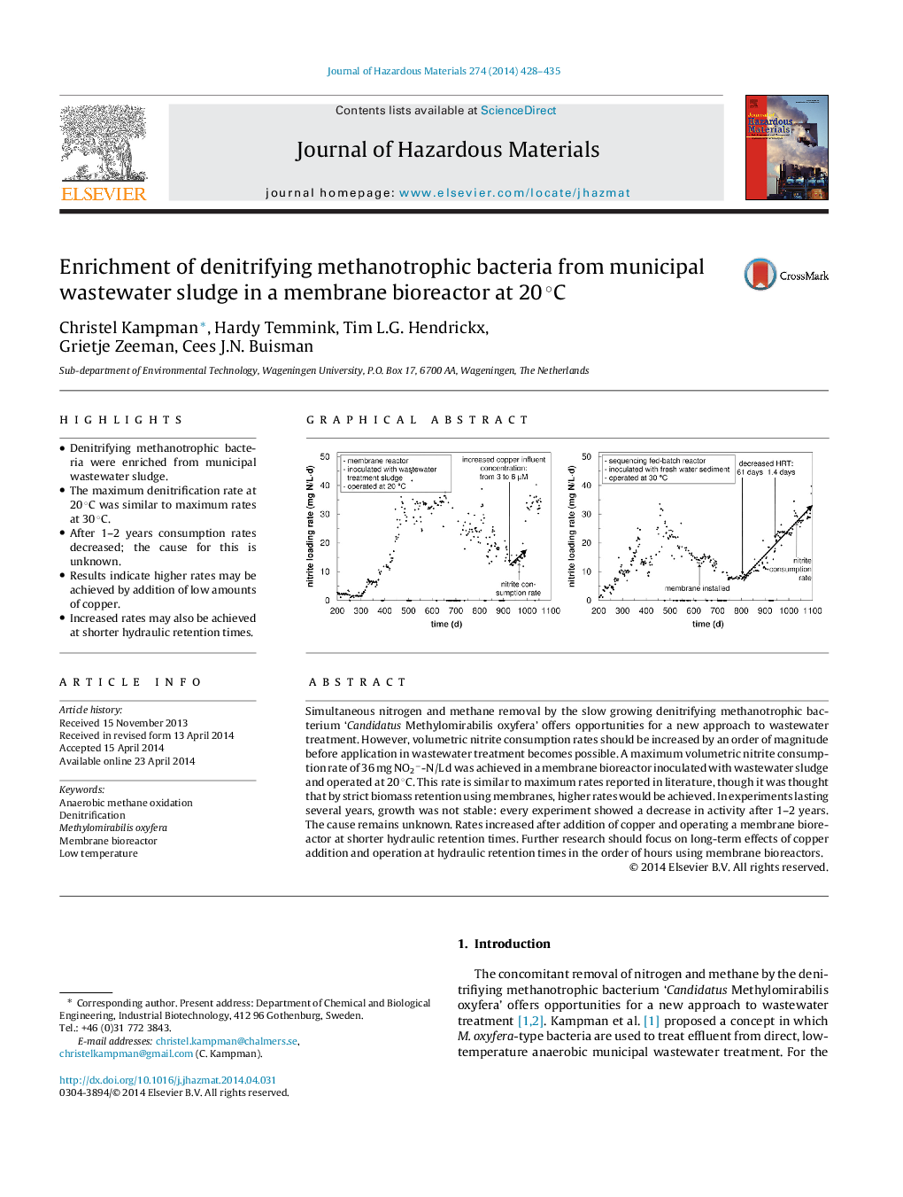 Enrichment of denitrifying methanotrophic bacteria from municipal wastewater sludge in a membrane bioreactor at 20Â Â°C