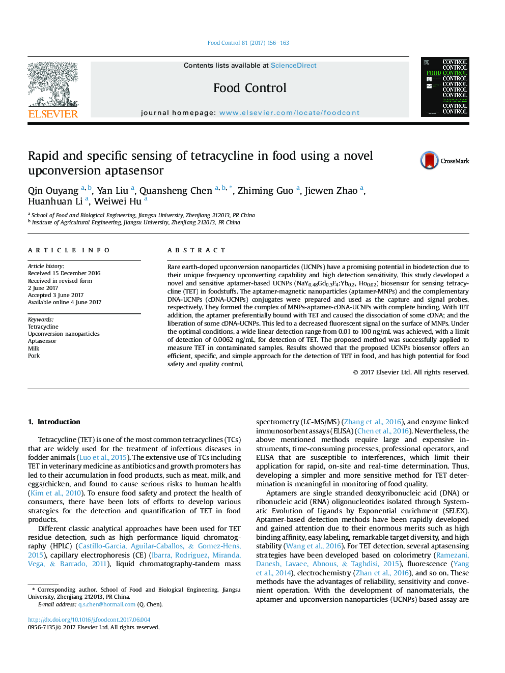 Rapid and specific sensing of tetracycline in food using a novel upconversion aptasensor