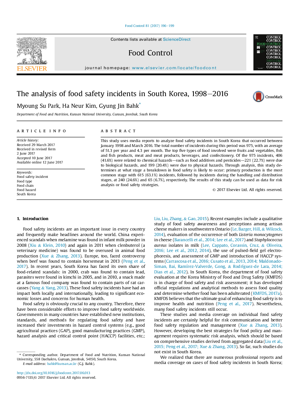 The analysis of food safety incidents in South Korea, 1998-2016