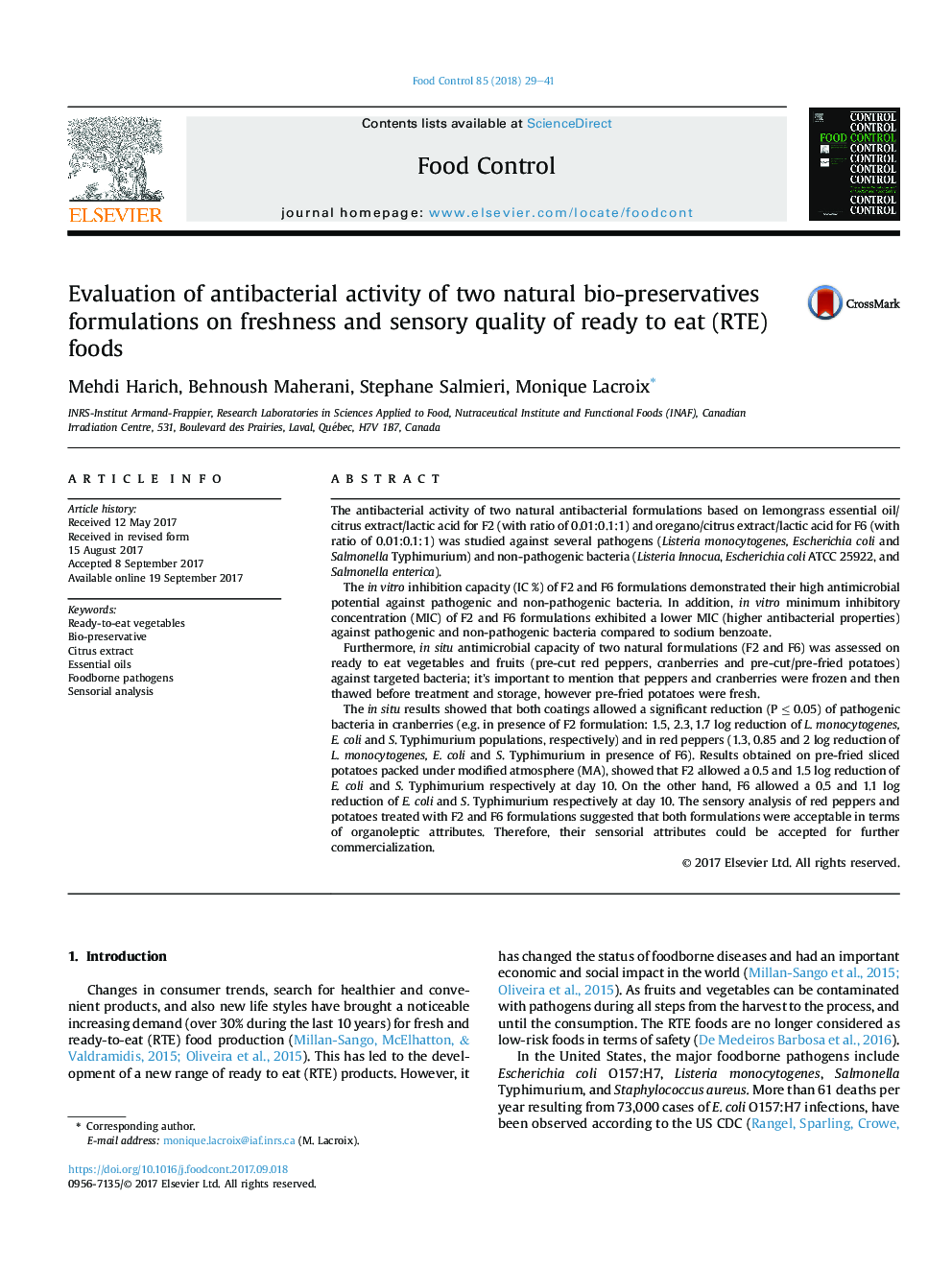 Evaluation of antibacterial activity of two natural bio-preservatives formulations on freshness and sensory quality of ready to eat (RTE) foods