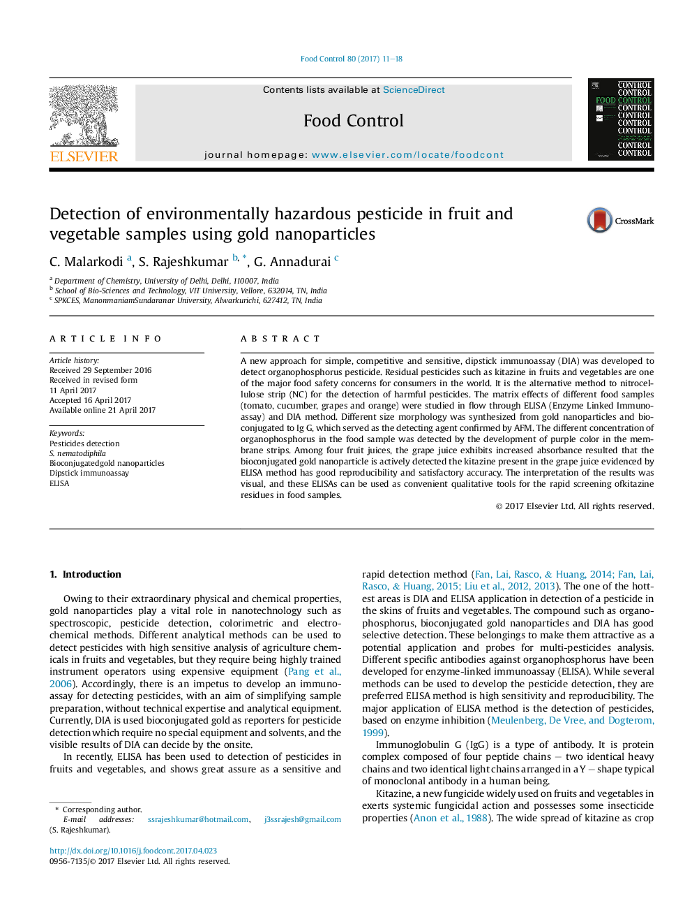 Detection of environmentally hazardous pesticide in fruit and vegetable samples using gold nanoparticles