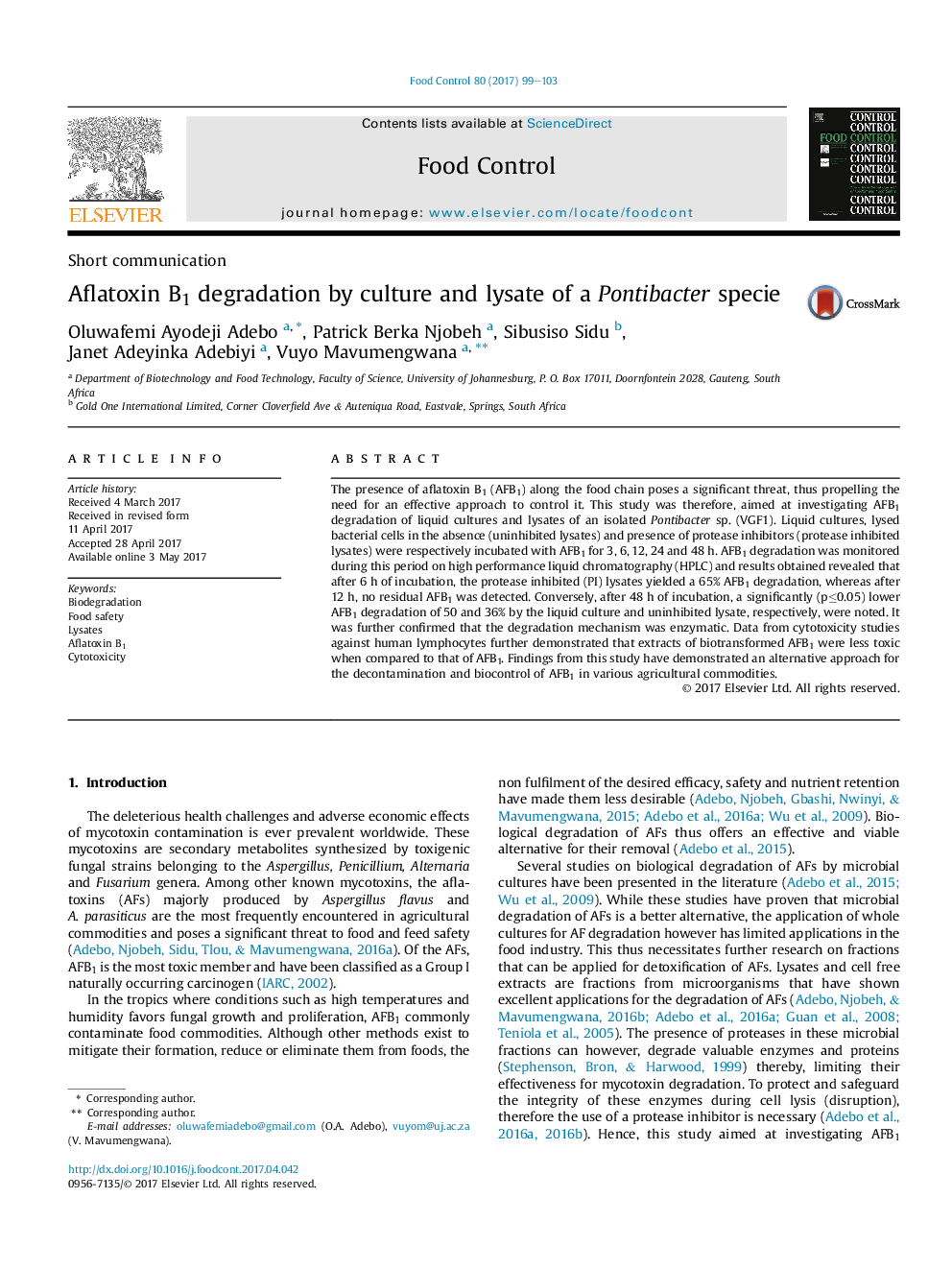 Short communicationAflatoxin B1 degradation by culture and lysate of a Pontibacter specie