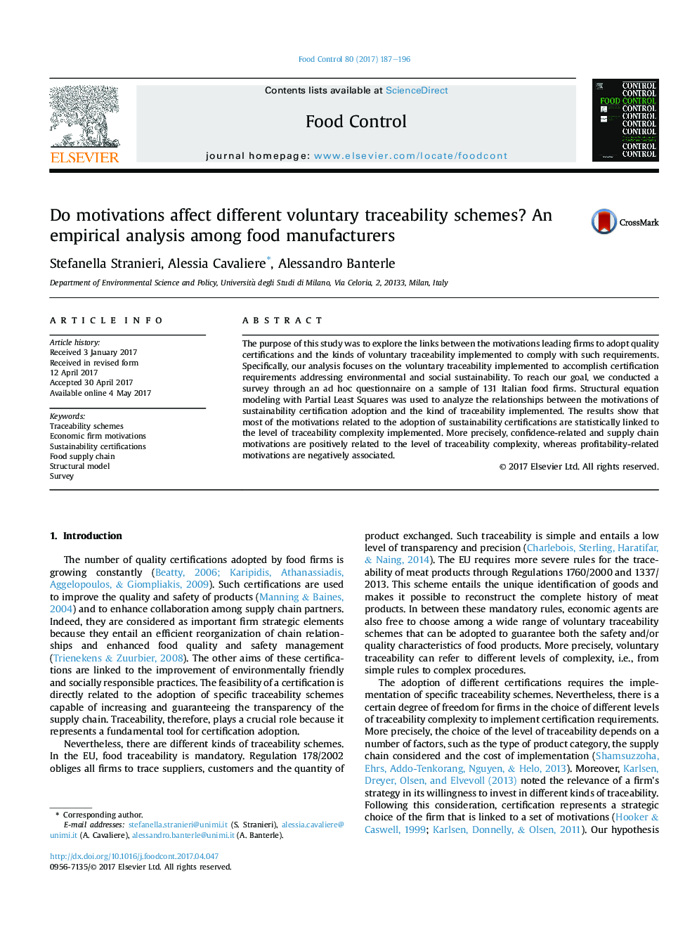 آیا انگیزه ها بر طرح های مختلف ردیابی داوطلبانه تاثیر می گذارد؟ یک تجزیه و تحلیل تجربی در میان تولید کنندگان مواد غذایی 