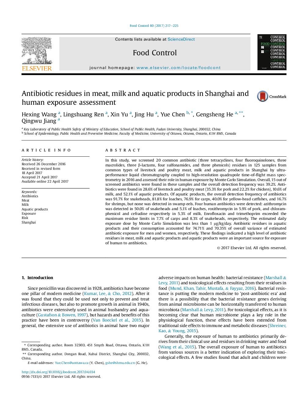 Antibiotic residues in meat, milk and aquatic products in Shanghai and human exposure assessment