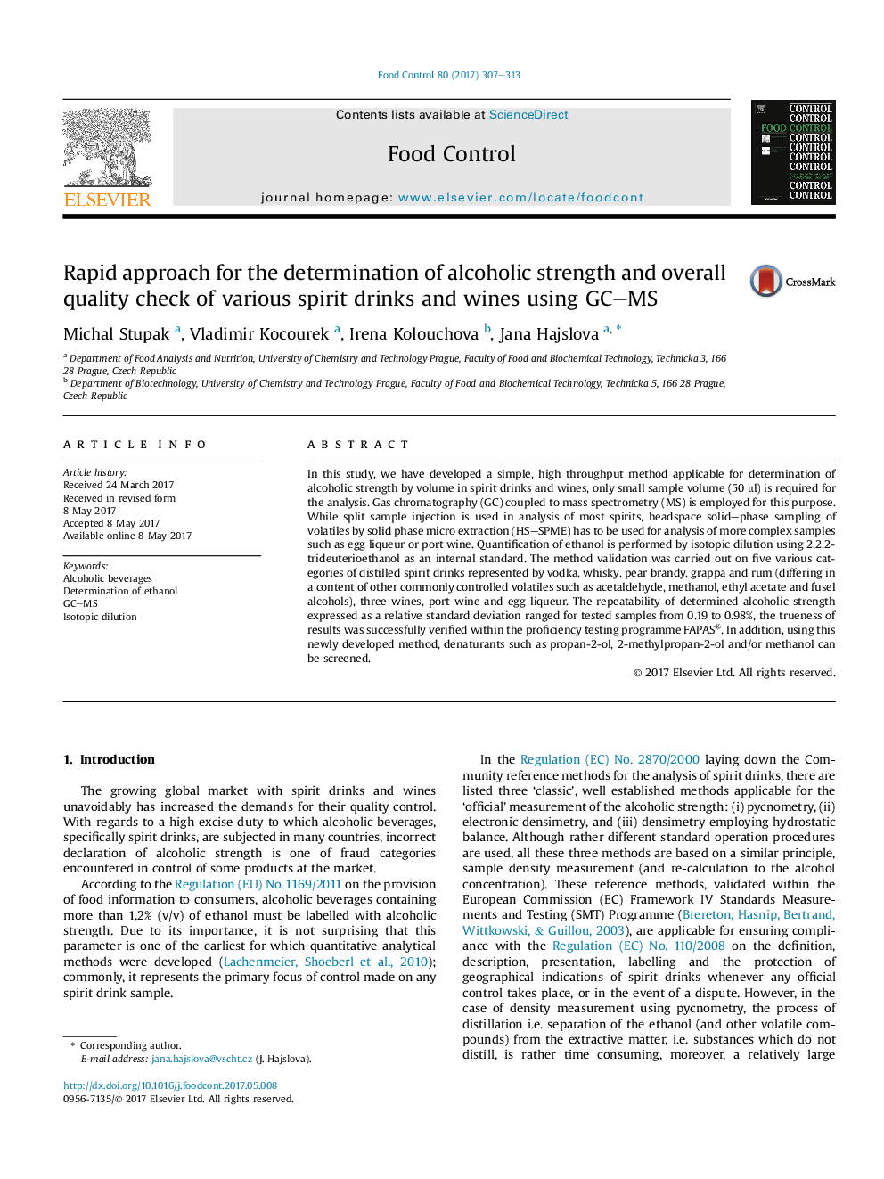 Rapid approach for the determination of alcoholic strength and overall quality check of various spirit drinks and wines using GC-MS