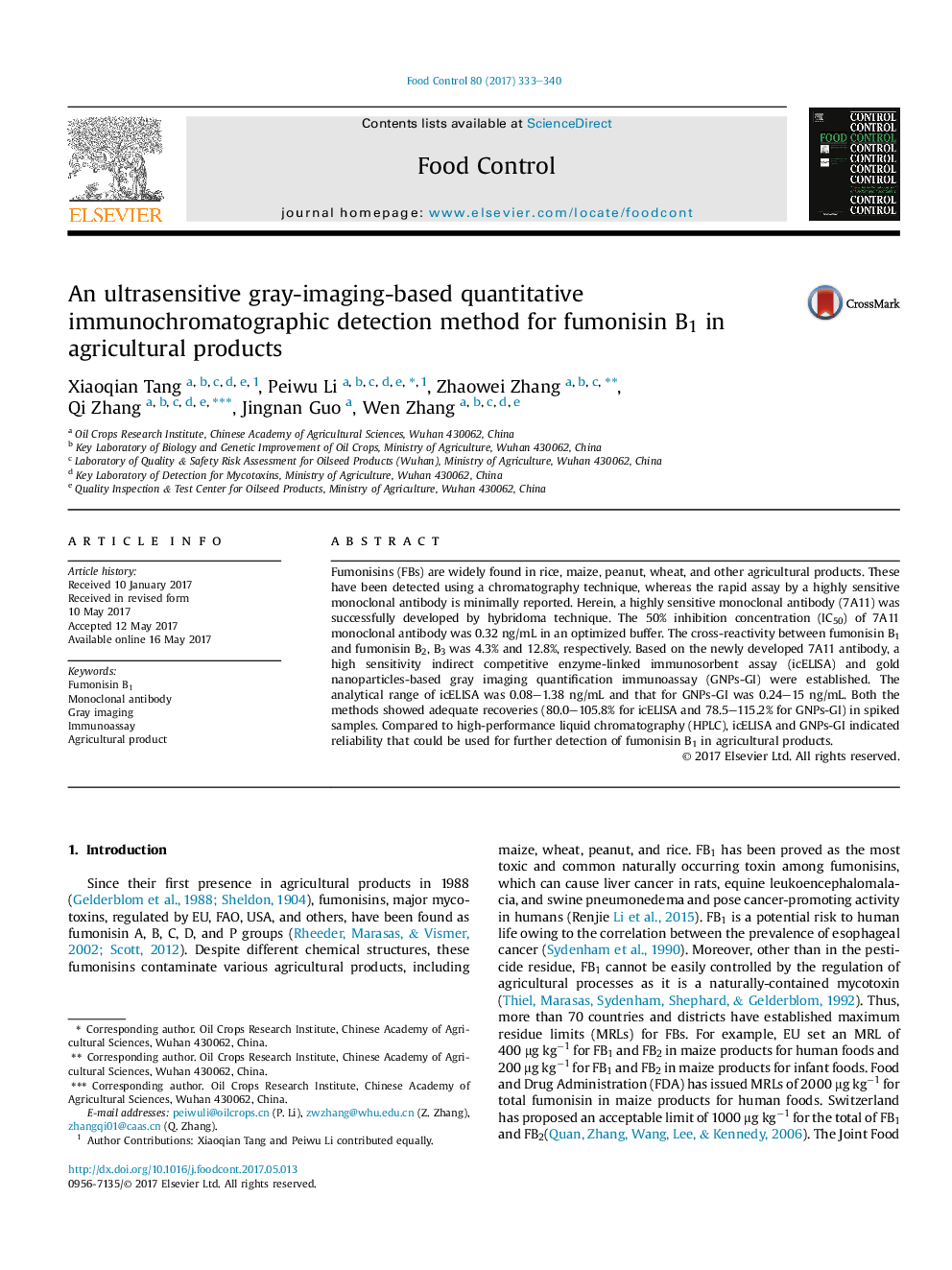 An ultrasensitive gray-imaging-based quantitative immunochromatographic detection method for fumonisin B1 in agricultural products