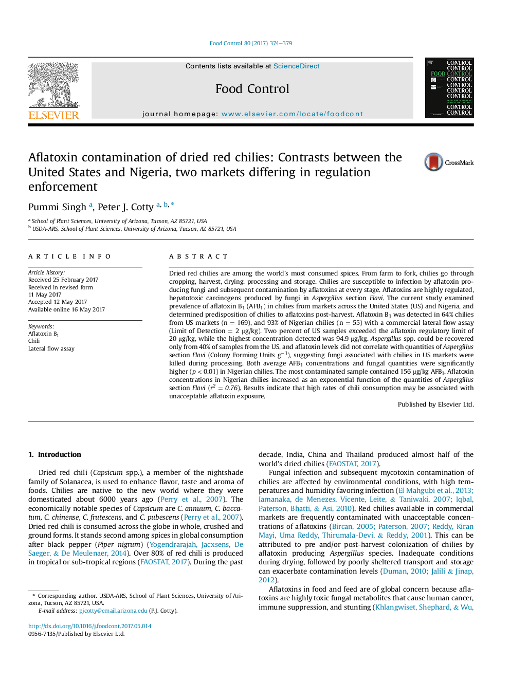 Aflatoxin contamination of dried red chilies: Contrasts between the United States and Nigeria, two markets differing in regulation enforcement