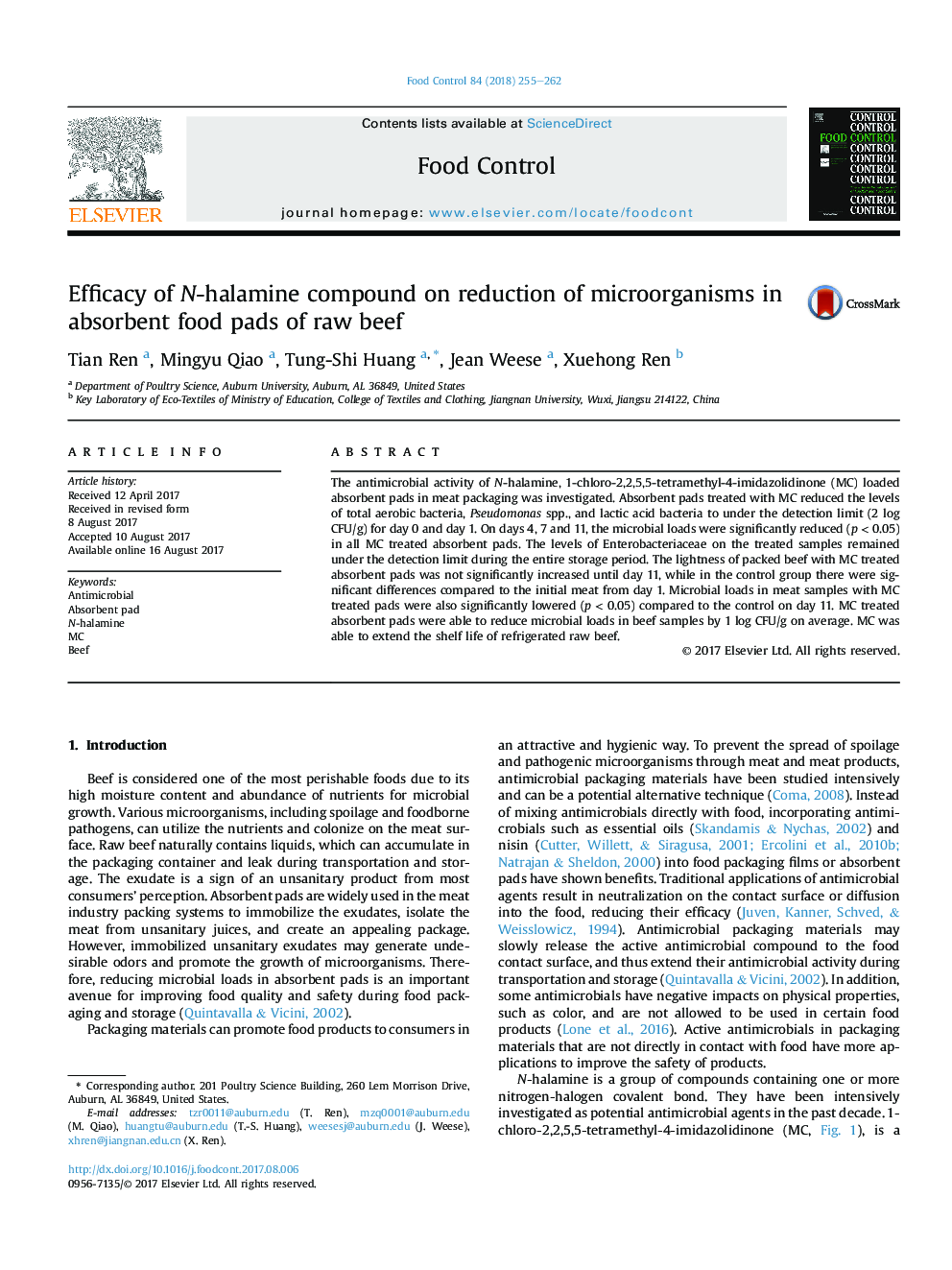 Efficacy of N-halamine compound on reduction of microorganisms in absorbent food pads of raw beef