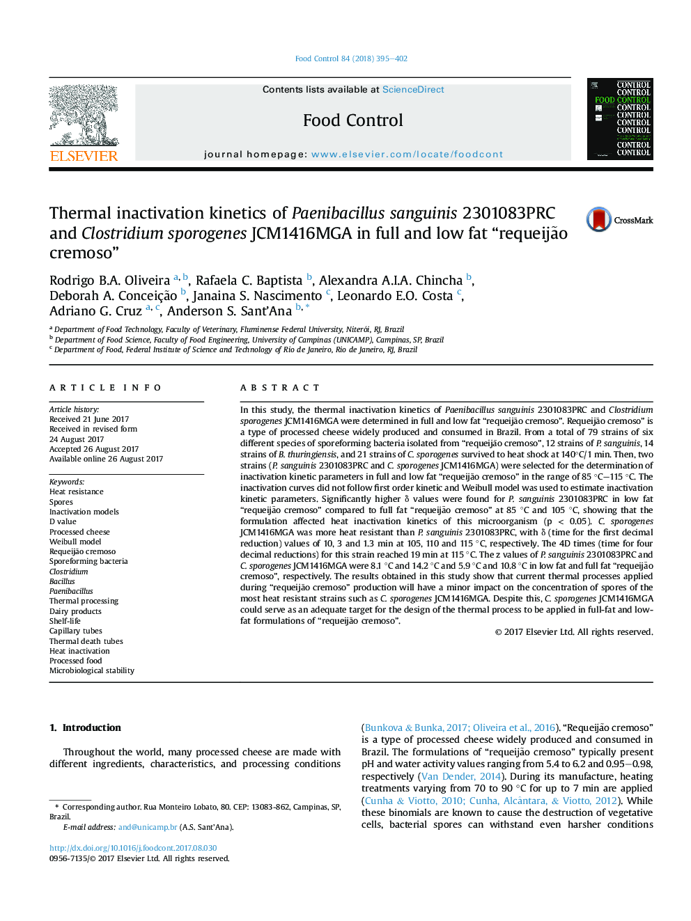 Thermal inactivation kinetics of Paenibacillus sanguinis 2301083PRC and Clostridium sporogenes JCM1416MGA in full and low fat “requeijÃ£o cremoso”