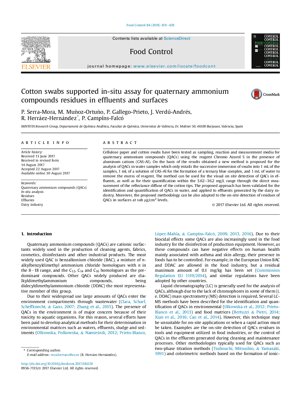 Cotton swabs supported in-situ assay for quaternary ammonium compounds residues in effluents and surfaces