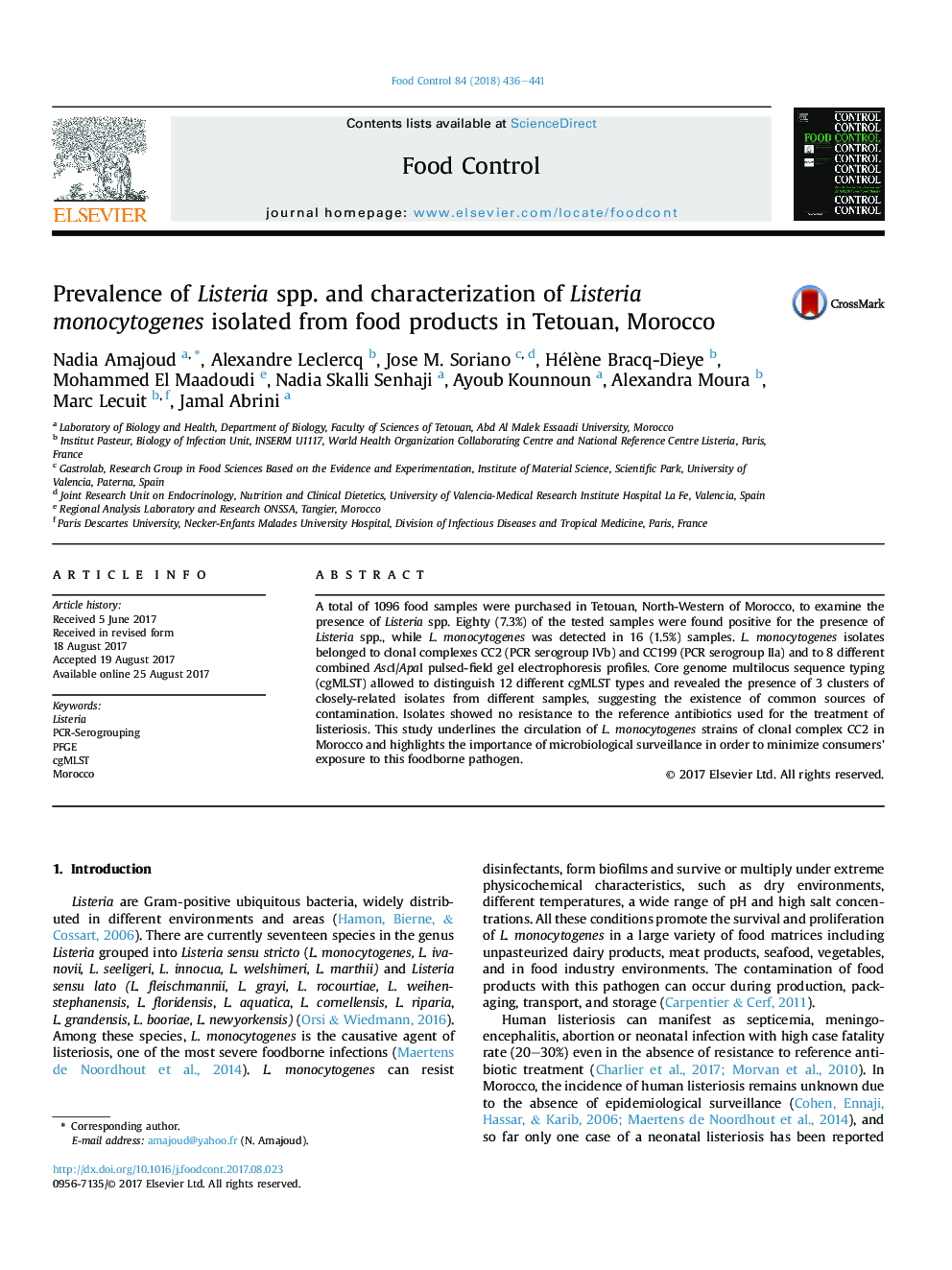 Prevalence of Listeria spp. and characterization of Listeria monocytogenes isolated from food products in Tetouan, Morocco