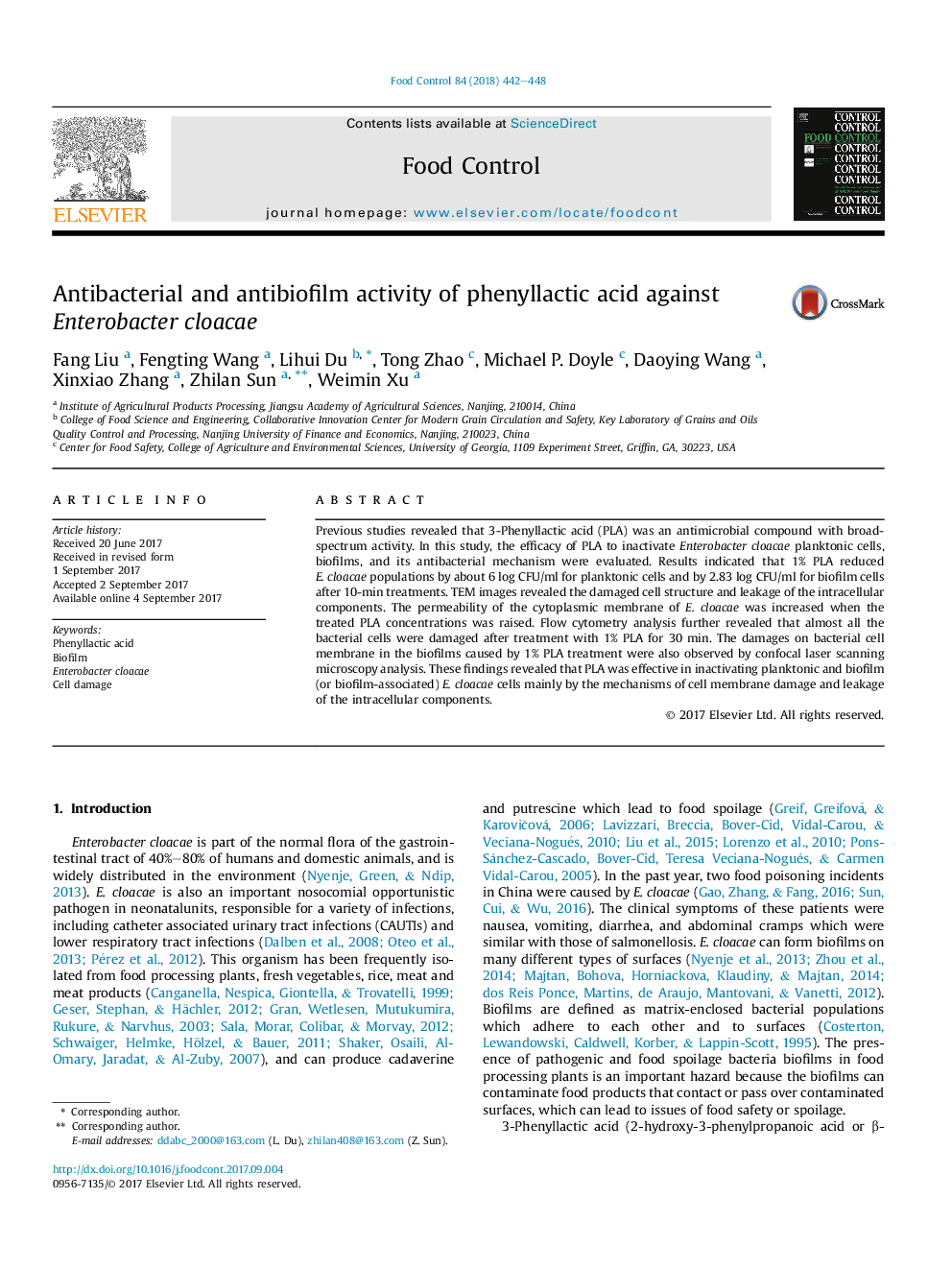 Antibacterial and antibiofilm activity of phenyllactic acid against Enterobacter cloacae