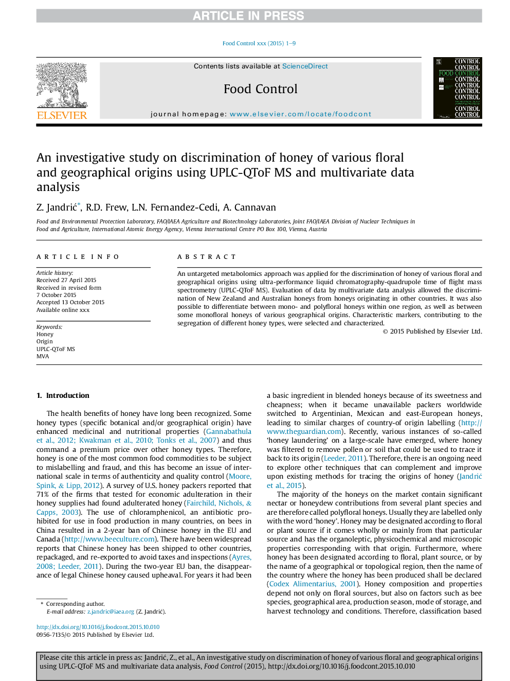 An investigative study on discrimination of honey of various floral and geographical origins using UPLC-QToF MS and multivariate data analysis