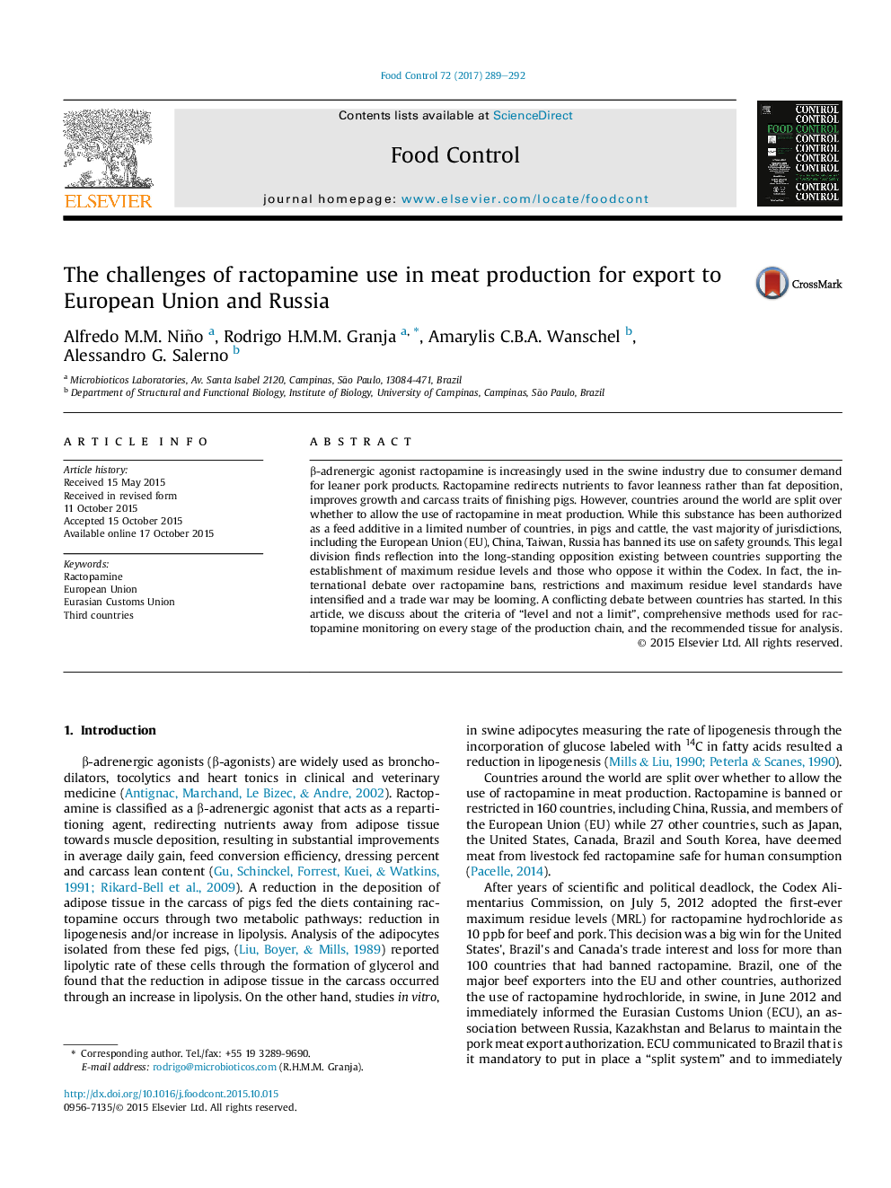 The challenges of ractopamine use in meat production for export to European Union and Russia