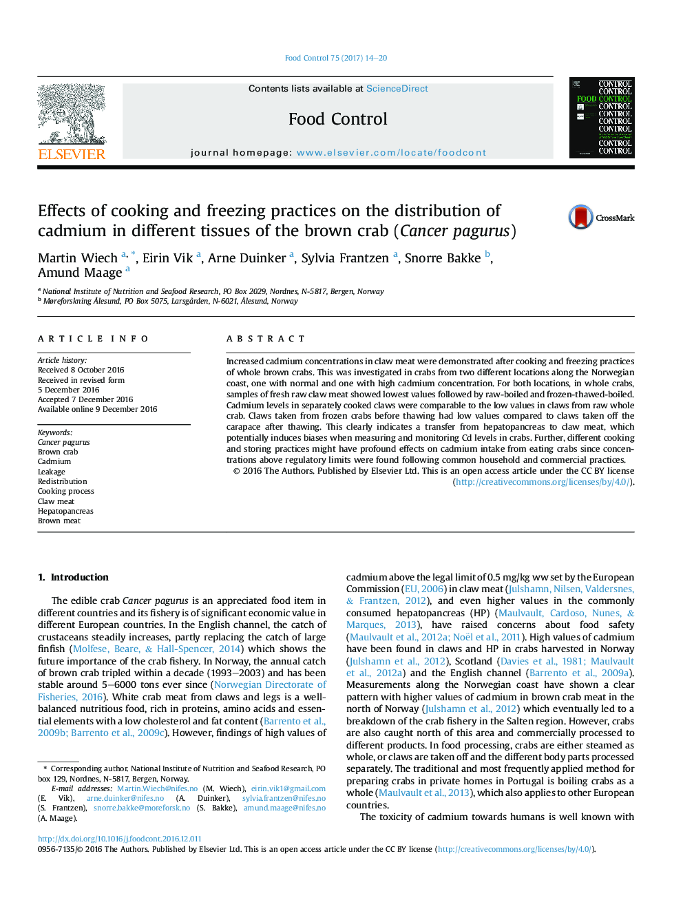 Effects of cooking and freezing practices on the distribution of cadmium in different tissues of the brown crab (Cancer pagurus)