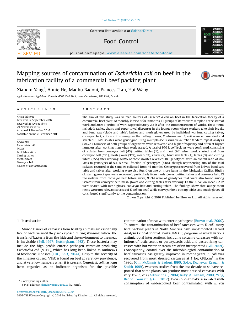 Mapping sources of contamination of Escherichia coli on beef in the fabrication facility of a commercial beef packing plant