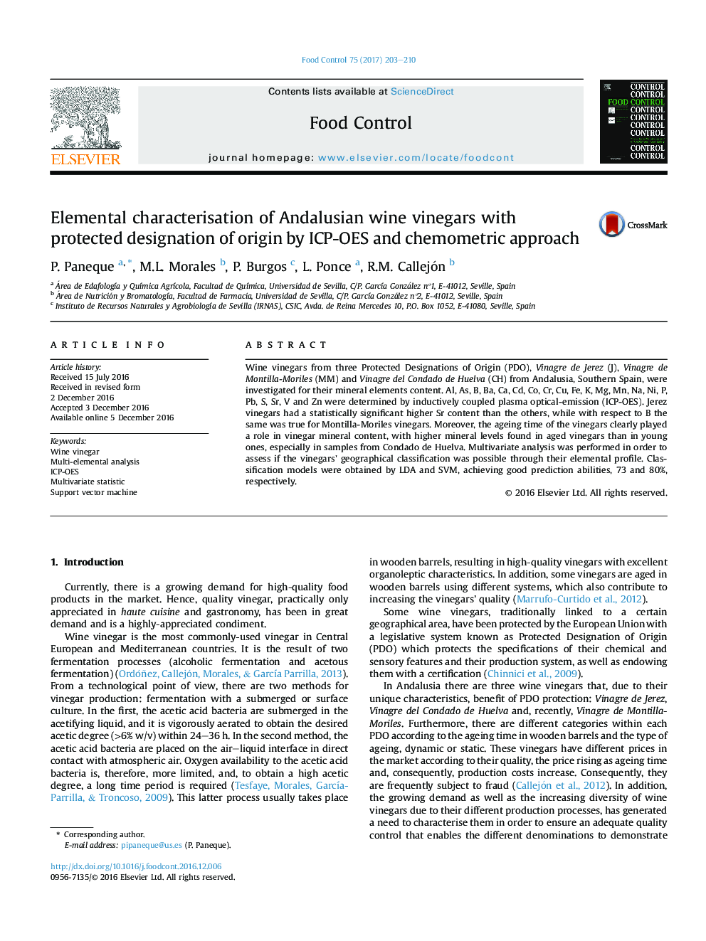 Elemental characterisation of Andalusian wine vinegars with protected designation of origin by ICP-OES and chemometric approach